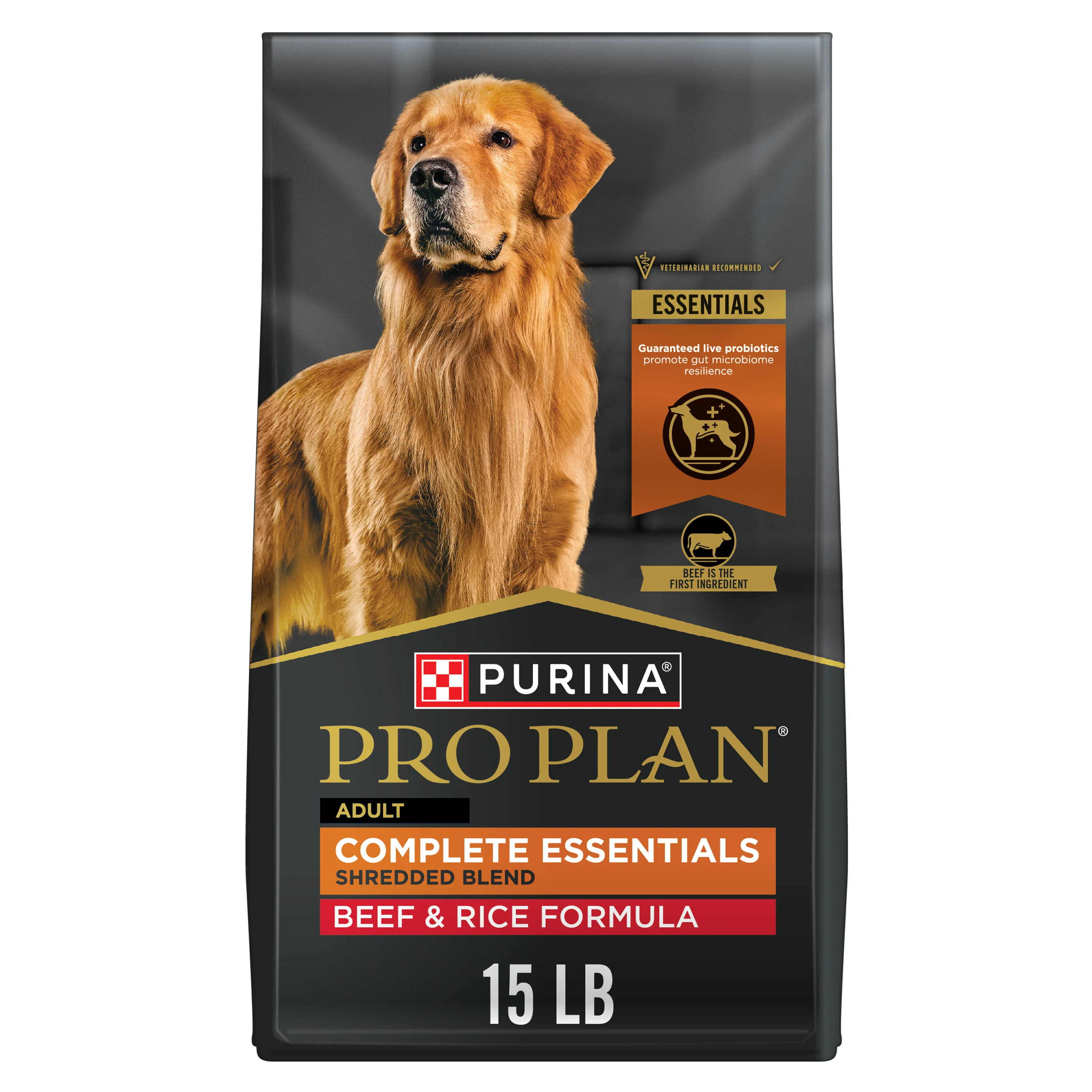 Purina Pro Plan Complete Essentials Shredded Blend Beef and Rice Dog Food 15lb Bag - Image 1