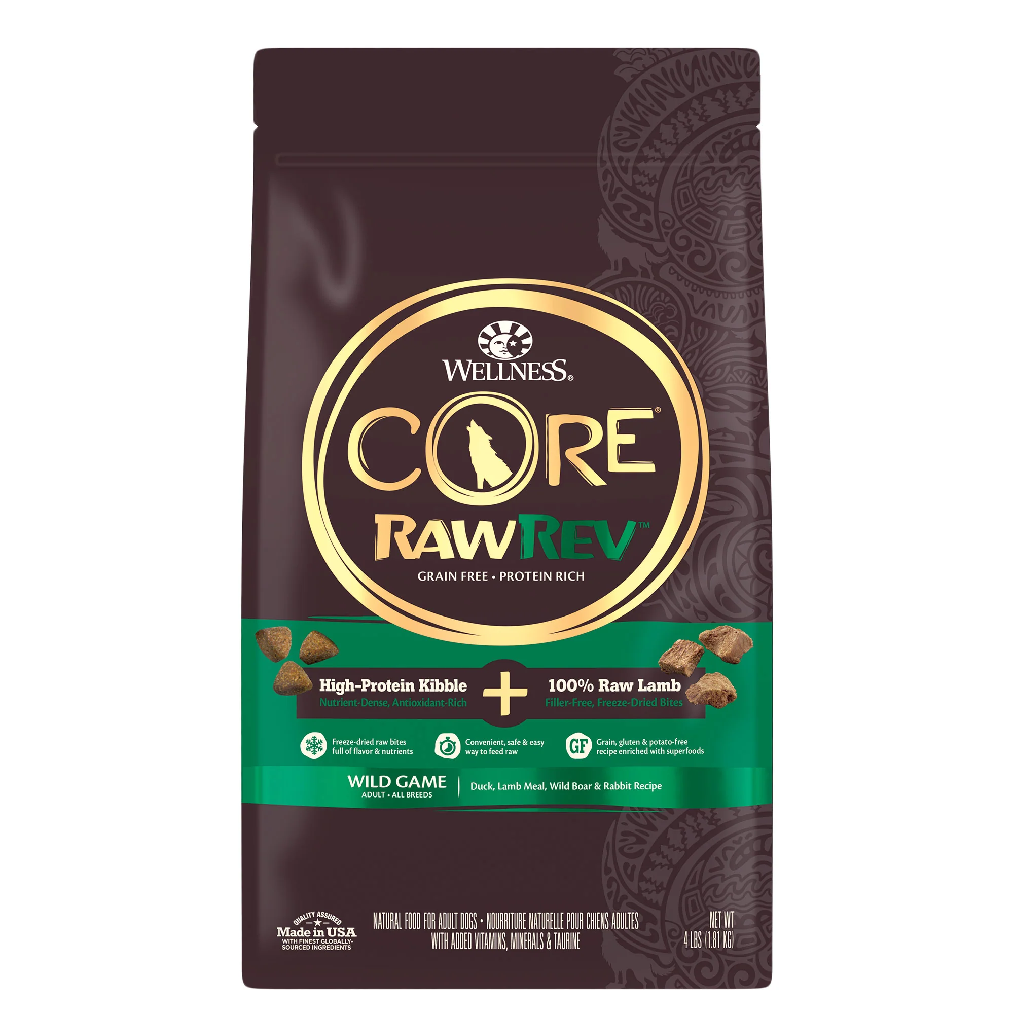Wellness CORE RawRev Natural Grain Free Dry Dog Food Wild Game Duck Wild Boar & Rabbit with Freeze Dried Lamb 4lb Bag - Image 1