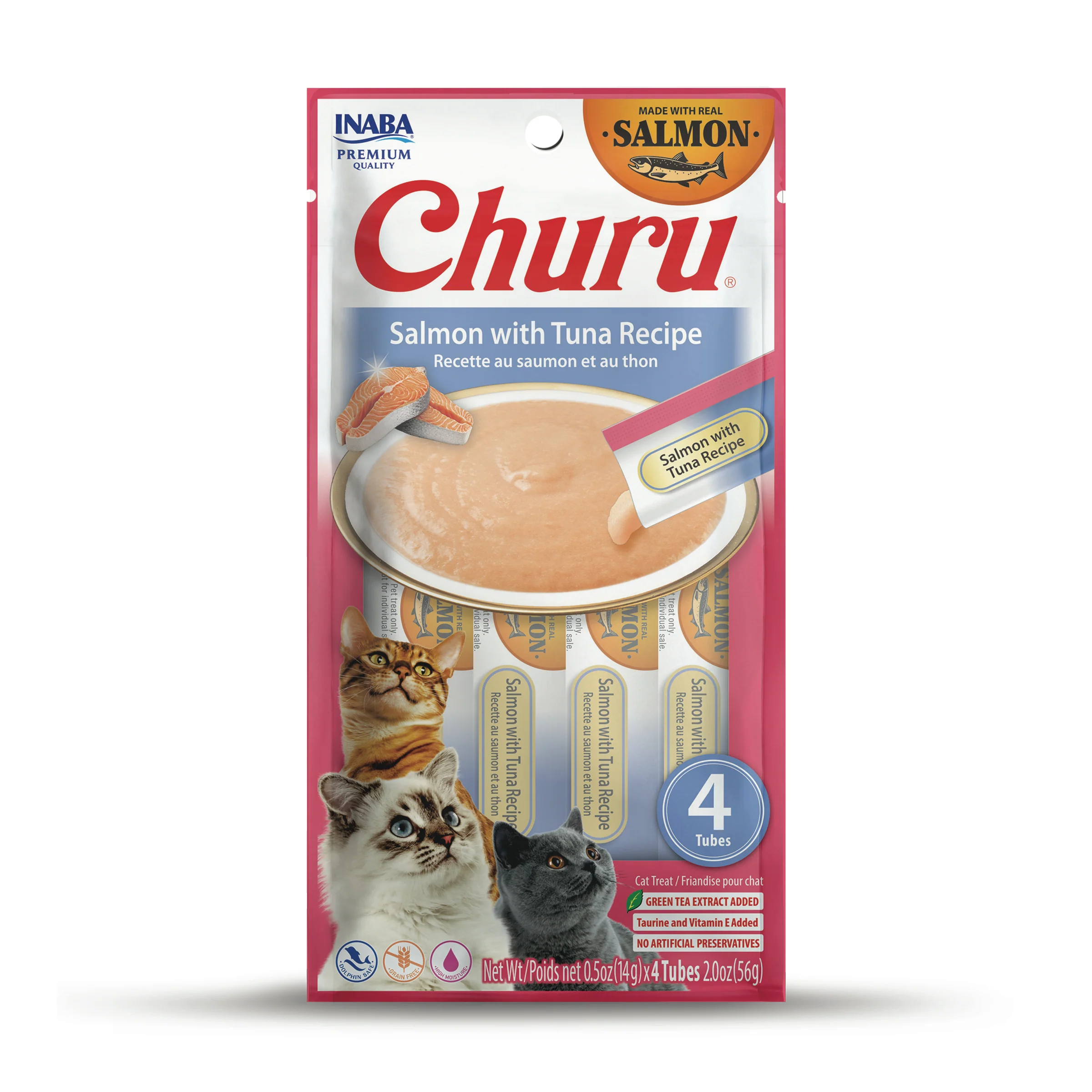 INABA Churu Cat Treats, Grain-Free, Lickable, Squeezable Creamy Purée Cat Treat with Vitamin E & Taurine, 0.5 Ounces Each Tube, 4 Tubes, Salmon with Tuna Recipe - Image 1