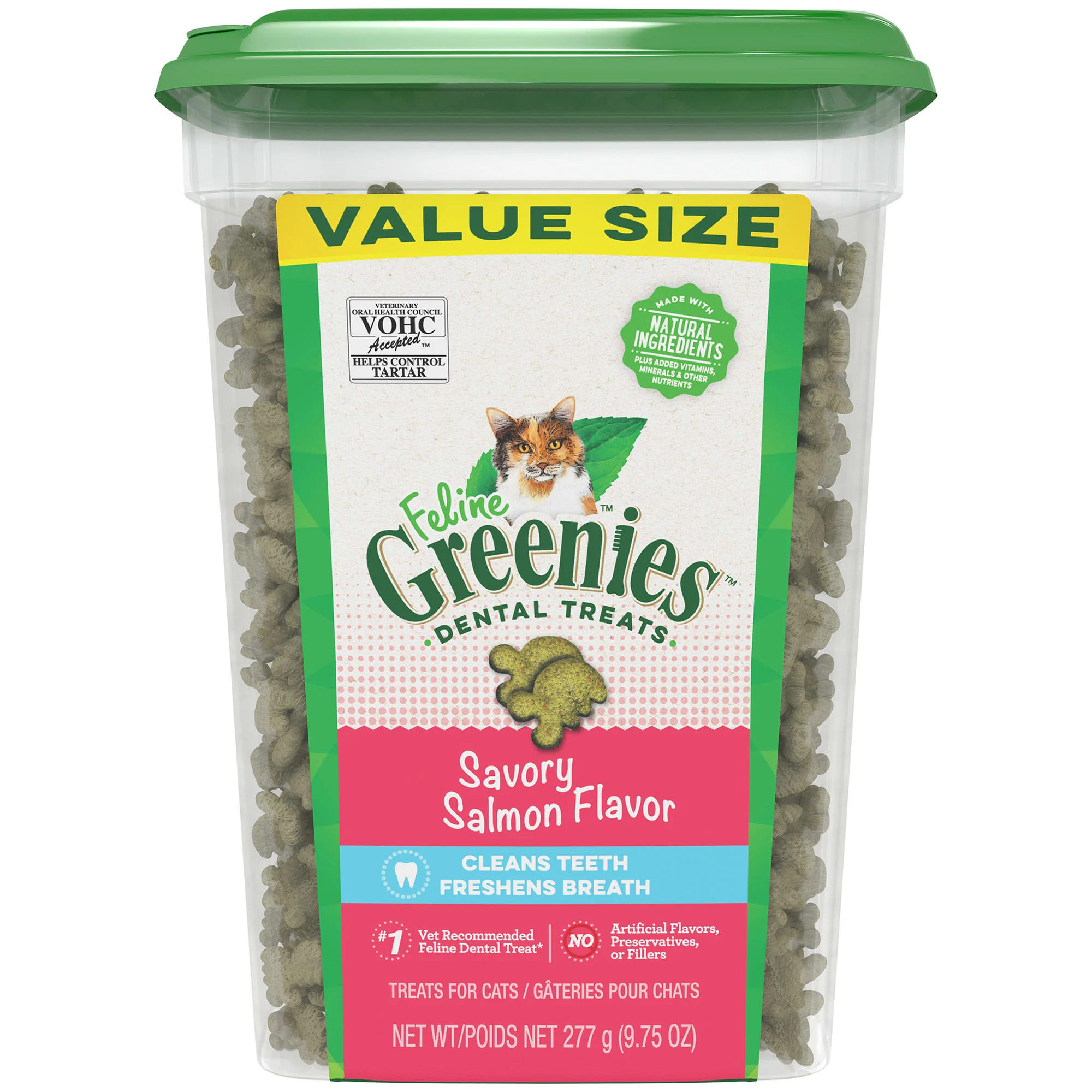 FELINE GREENIES Adult Natural Dental Care Cat Treats  Savory Salmon Flavor  9.75 oz. Tub - Image 1