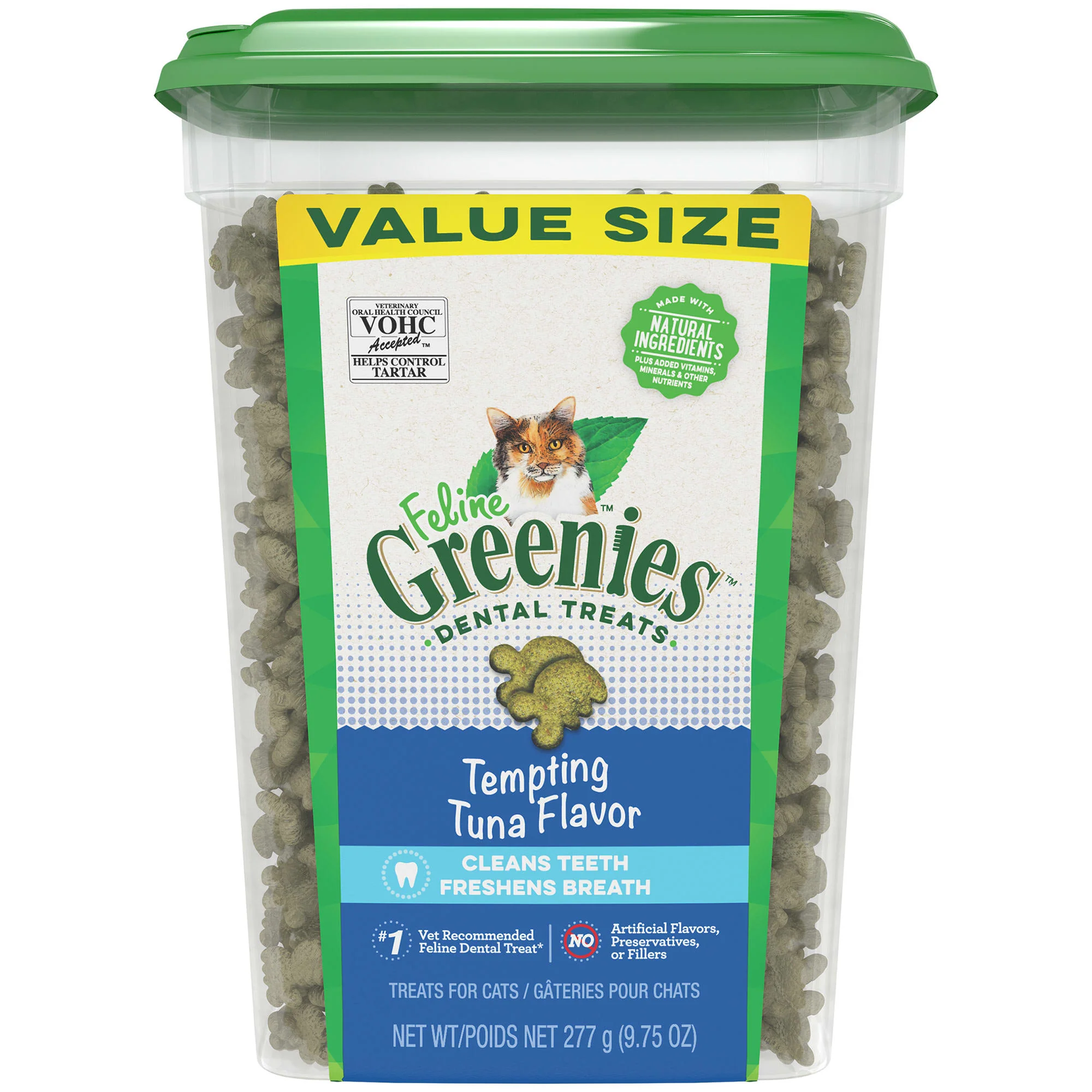 FELINE GREENIES Adult Natural Dental Cat Treats  Tempting Tuna Flavor  9.75 oz. Tub - Image 1