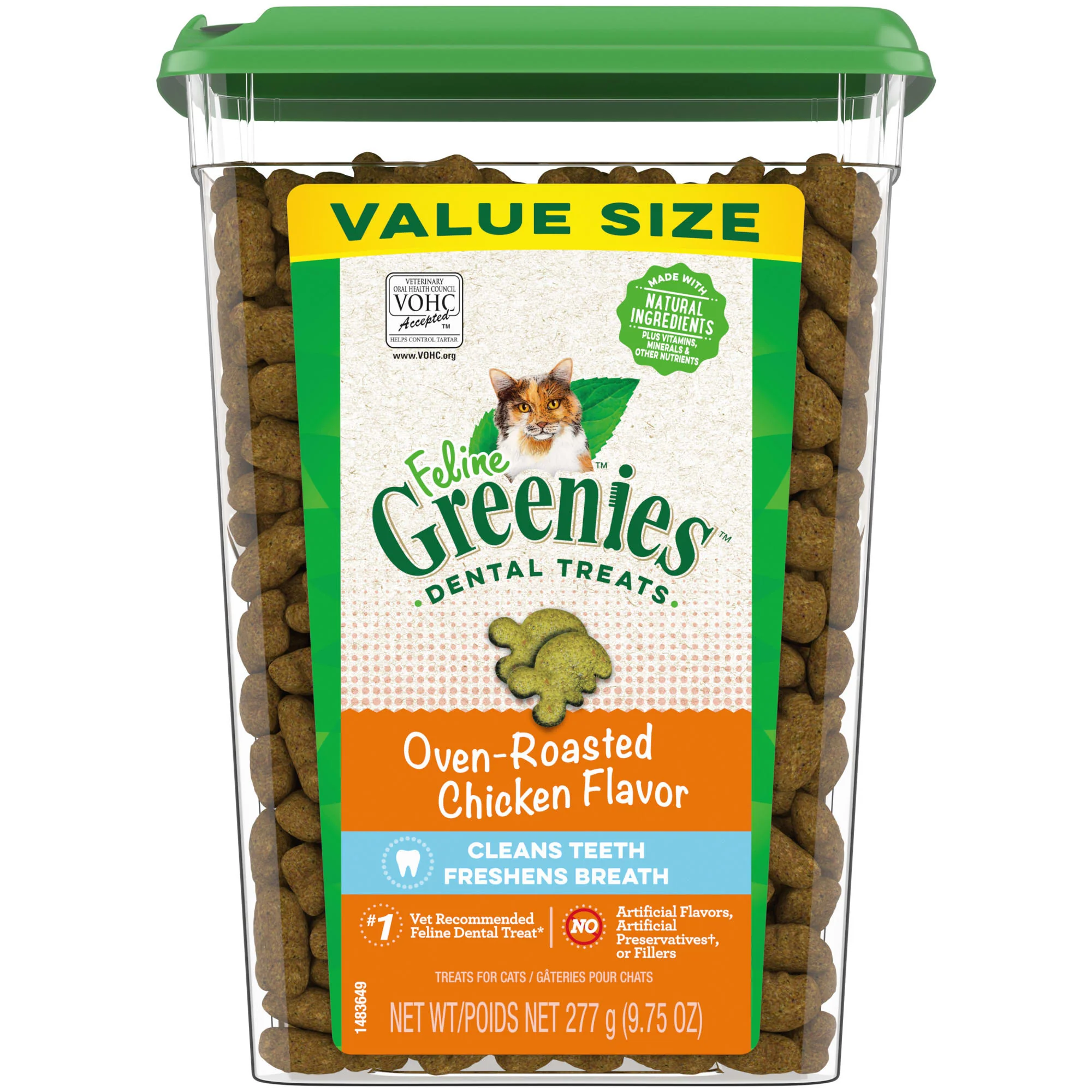 FELINE GREENIES Adult Natural Dental Care Cat Treats  Oven Roasted Chicken Flavor  9.75 oz. Tub - Image 1