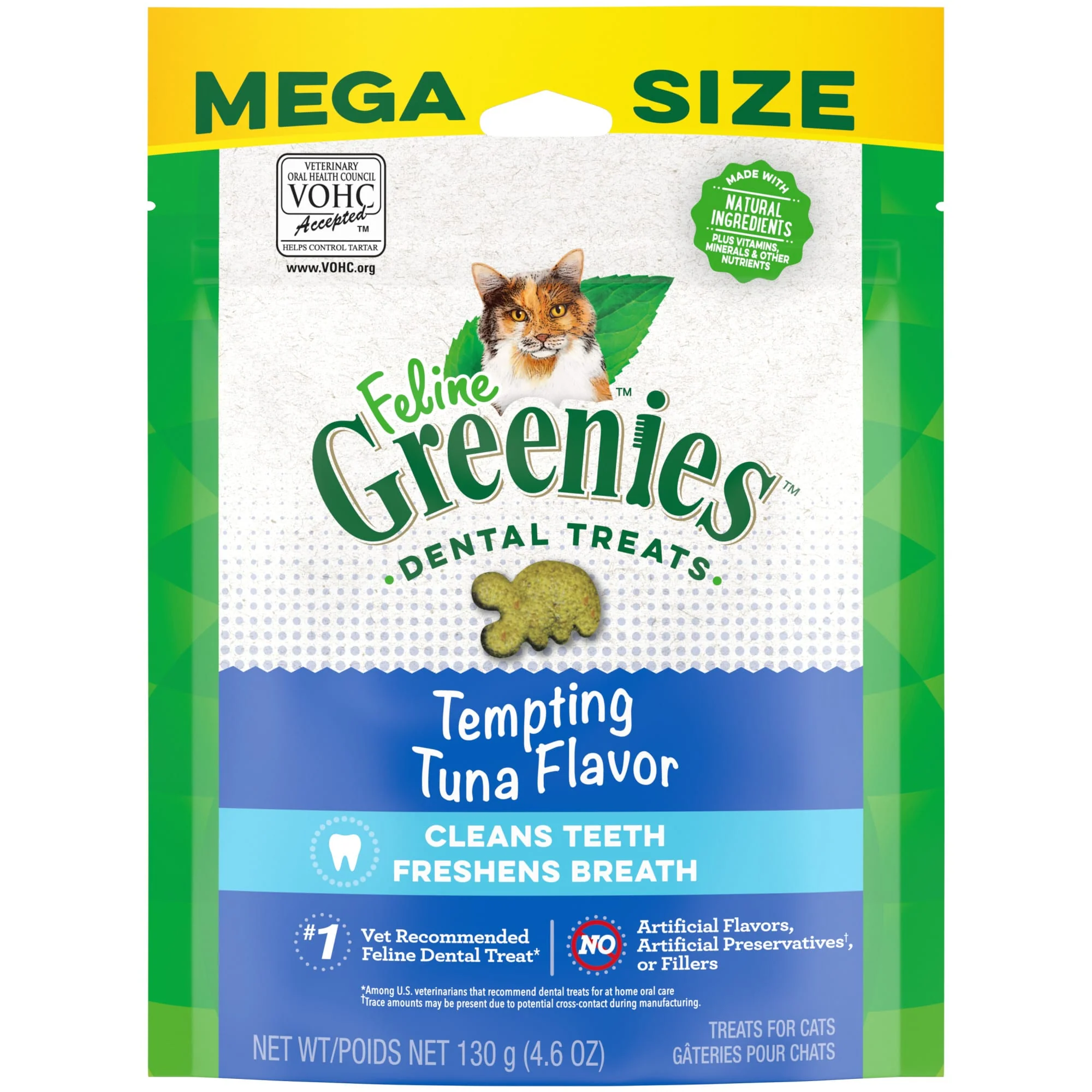 FELINE GREENIES Adult Natural Dental Cat Treats  Tempting Tuna Flavor  4.6 oz. Pouch - Image 1