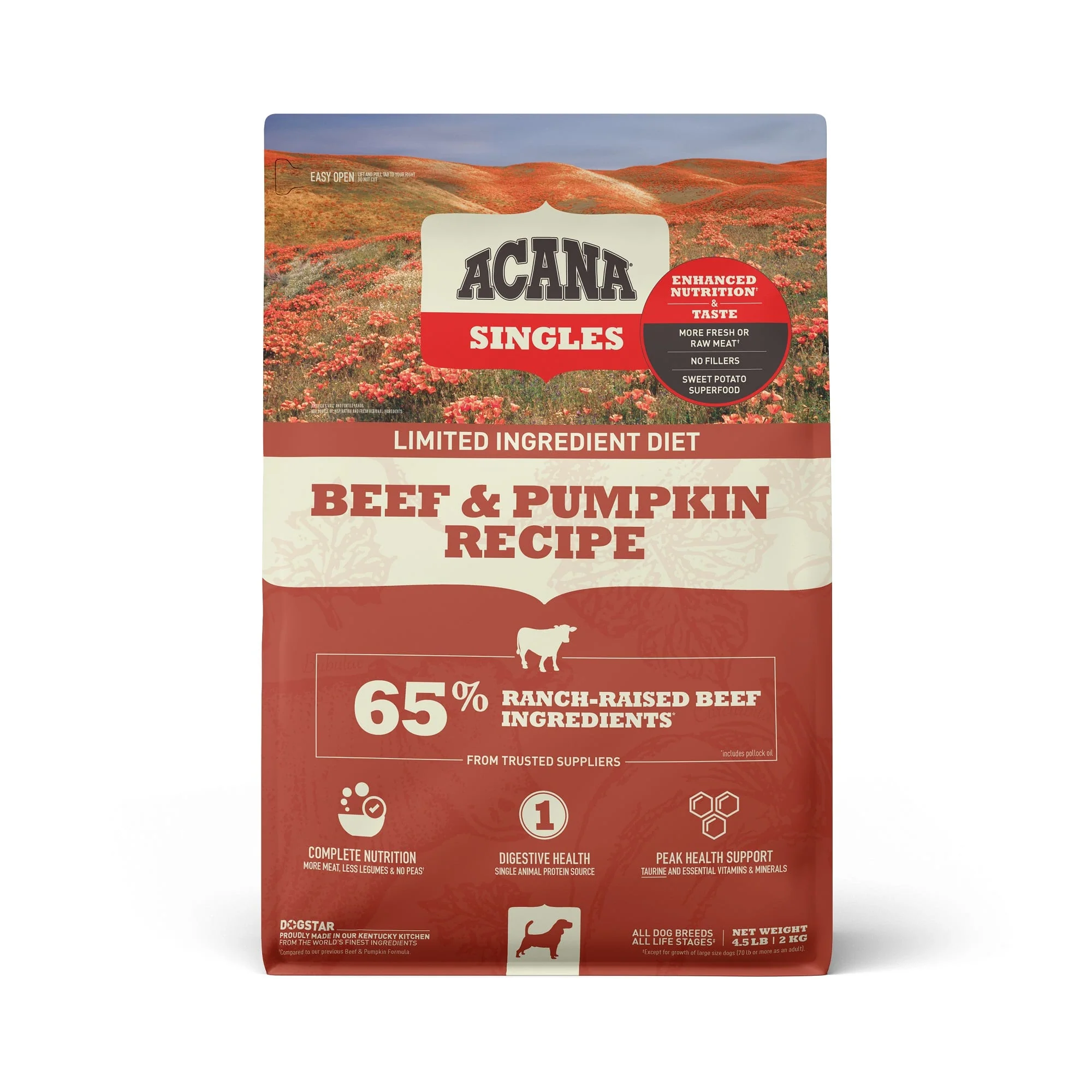 Acana Singles Limited Ingredient Dry Dog Food  Grain Free  High Protein  Beef & Pumpkin  4.5lb