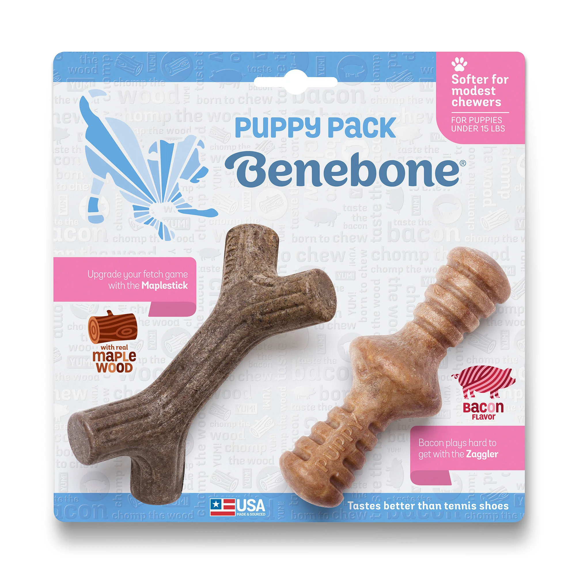 Benebone Puppy Maplestick Dog Chew Toy  2-Pack  Zaggler Bacon  Tiny - Image 1