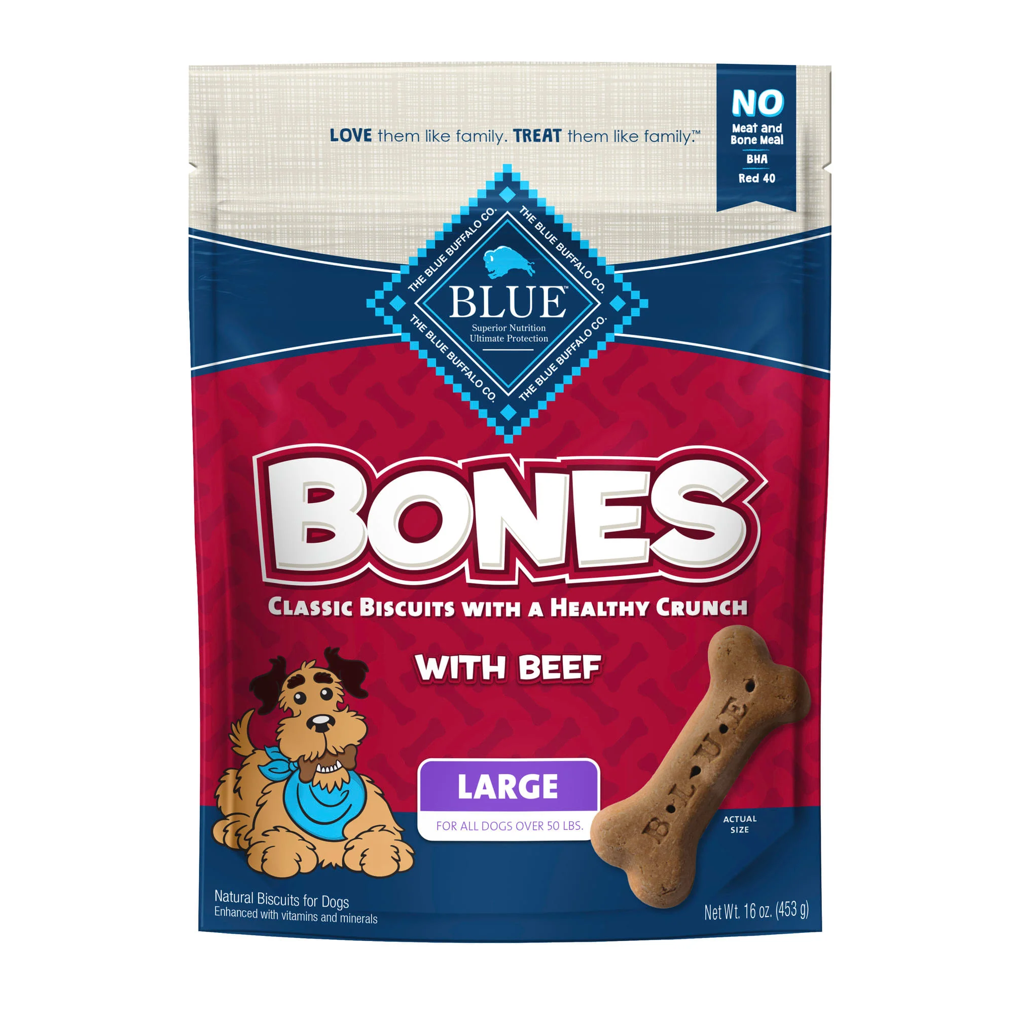 Blue Buffalo Bones Large Beef Flavor Crunchy Biscuit Treats for Dogs  Whole Grain  16 oz. Bag - Image 1