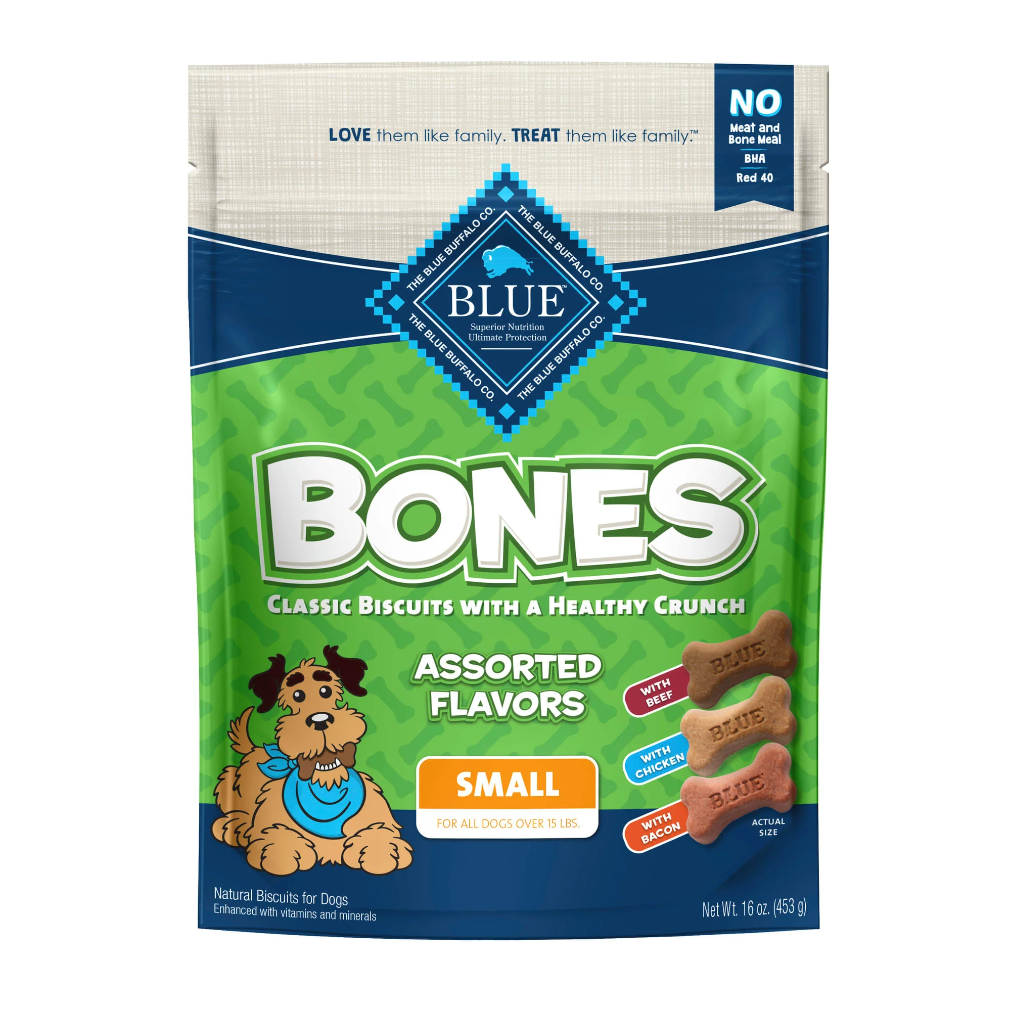 Blue Buffalo Bones Small Assorted Flavors Beef  Chicken & Bacon Flavor Crunchy Biscuit Treats for Dogs  Whole Grain  16 oz. Bag - Image 1
