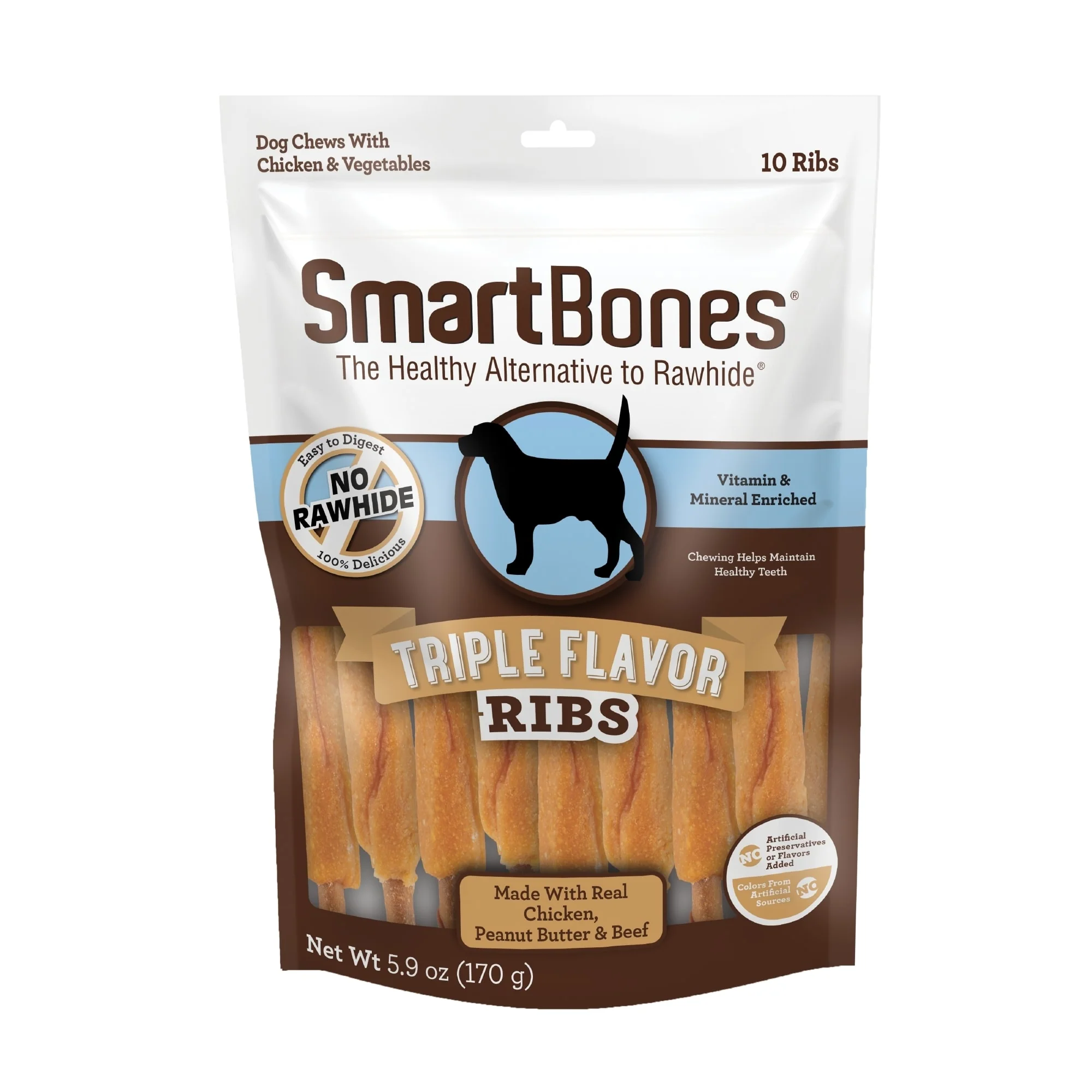 SmartBones Triple Flavor Ribs Made with Real Chicken, Peanut Butter & Beef No-Rawhide Dog Chews, 5.9 oz - Image 1