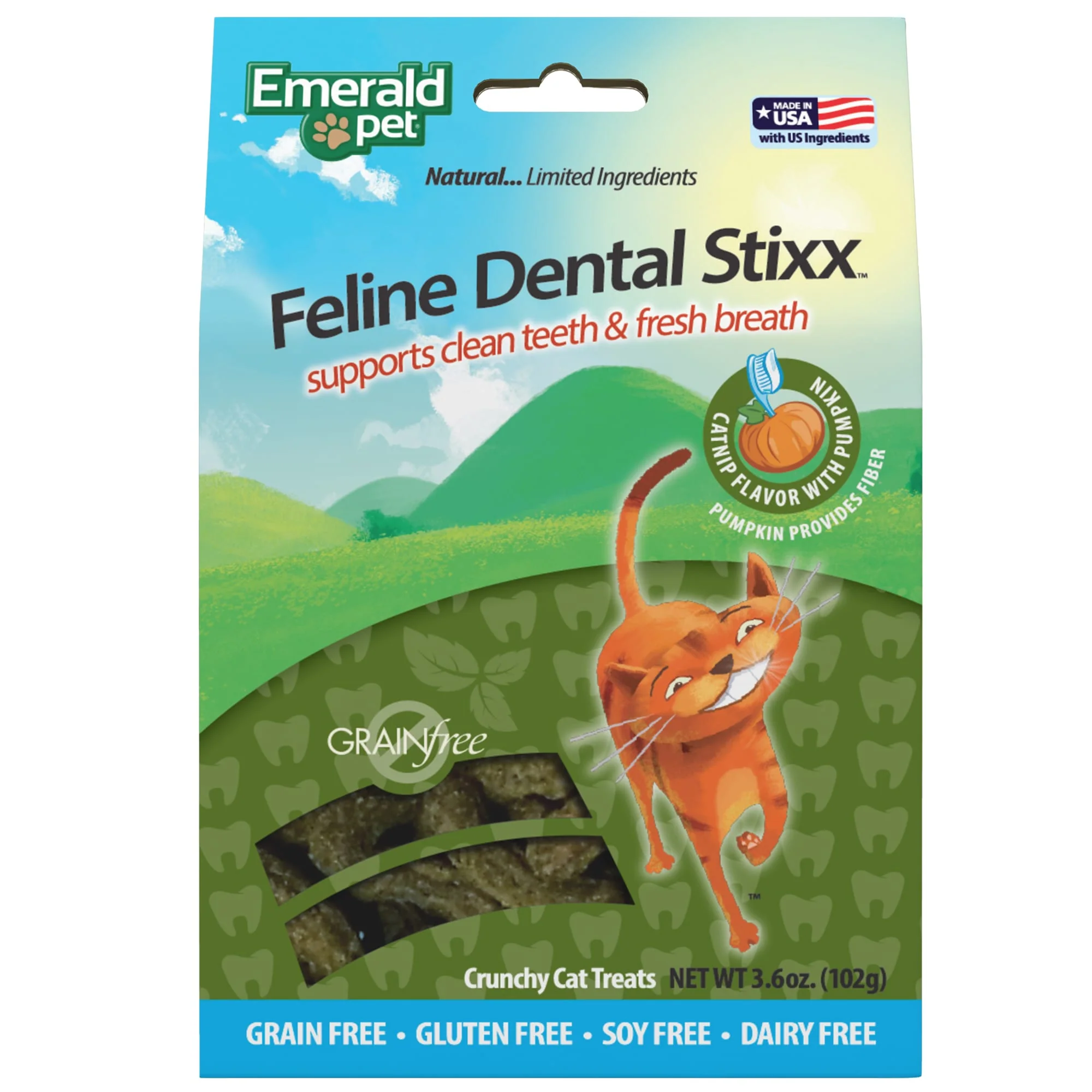 Emerald Pet Feline Dental Sticks 3.6oz Catnip Pumpkin - Image 1