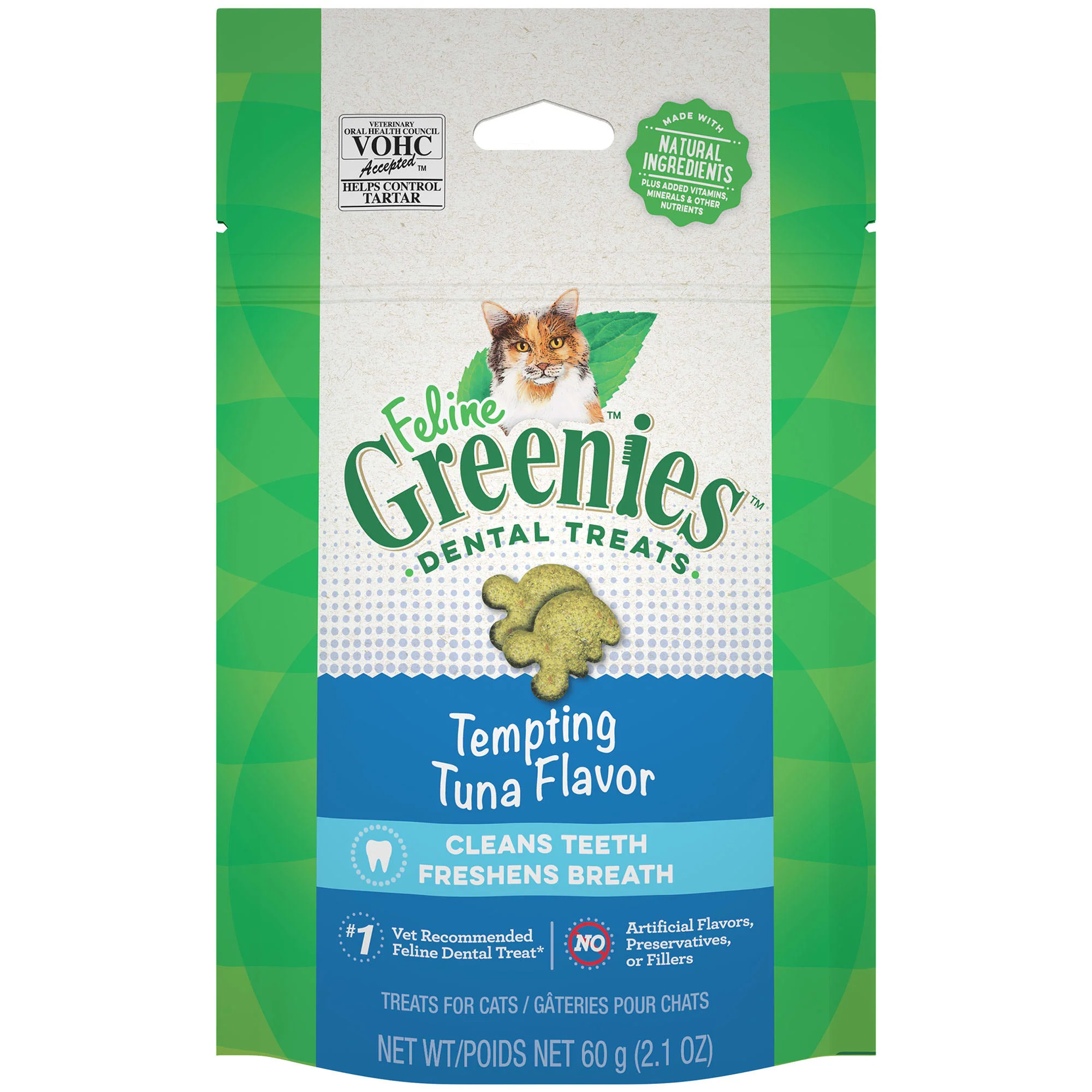 FELINE GREENIES Adult Natural Dental Care Cat Treats  Tempting Tuna Flavor  2.1 oz. Pouch - Image 1