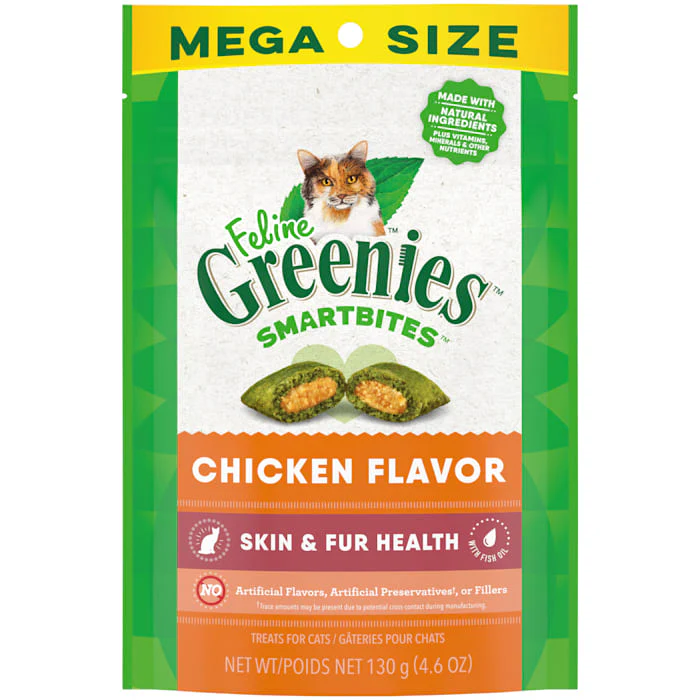 Feeline Greenies Smartbites Skin & Fur Crunchy and Soft Natural Cat Treats  Chicken Flavor  4.6 oz. Pack - Image 1
