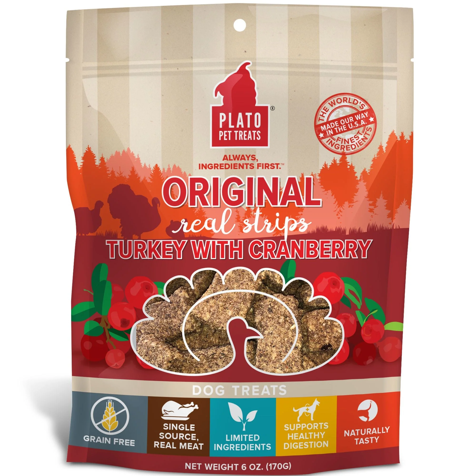 Plato Original Real Strips Turkey & Cranberry Grain-Free Dog Treats, 6 Oz. - Image 1
