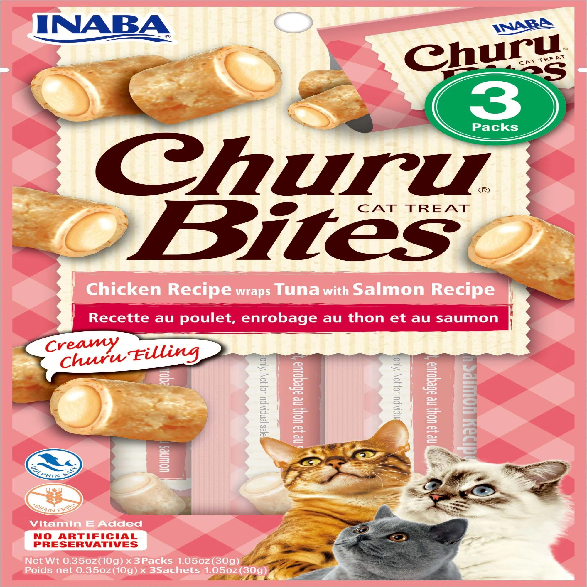Inaba Churu Bites Chicken Wraps Tuna with Salmon Recipe Cat Treats, 1.05 oz. - Image 1