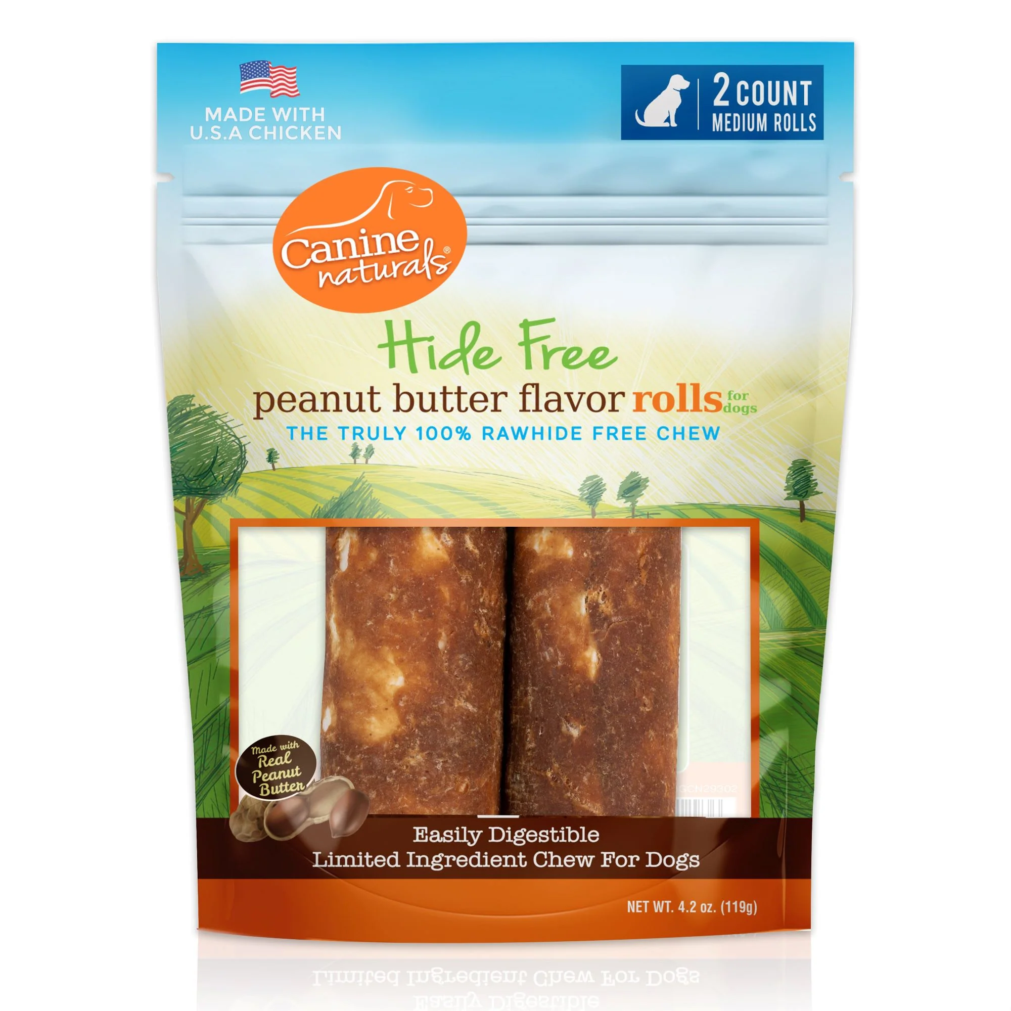 Canine Naturals Rawhide Free Peanut Butter Recipe Medium Dog Chews, 4.2oz 2pk - Image 1