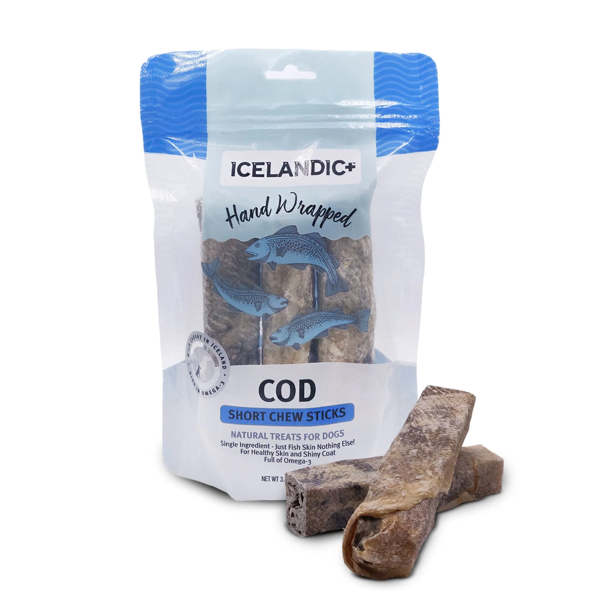 Icelandic+ Hand Wrapped Cod Skin Short Chew Stick Dog Treats, 3.4 oz., Count of 3 - Image 1