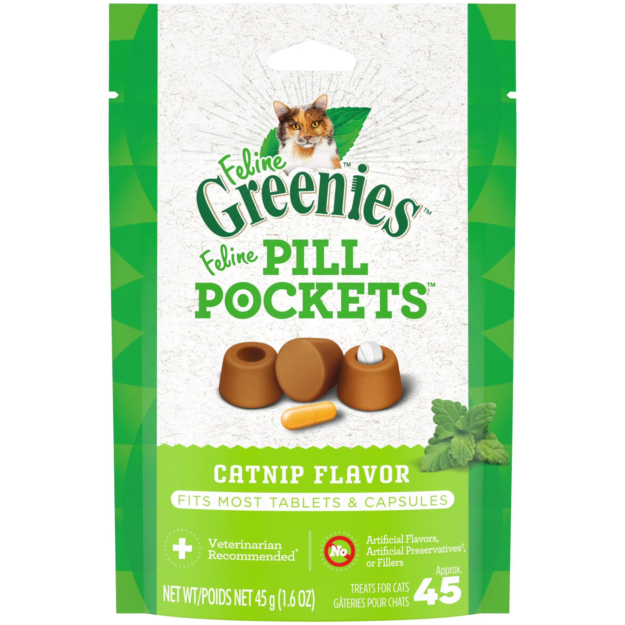 FELINE GREENIES PILL POCKETS for Cats Natural Soft Cat Treats  Catnip Flavor  1.6 oz. Pack (45 Treats) - Image 1