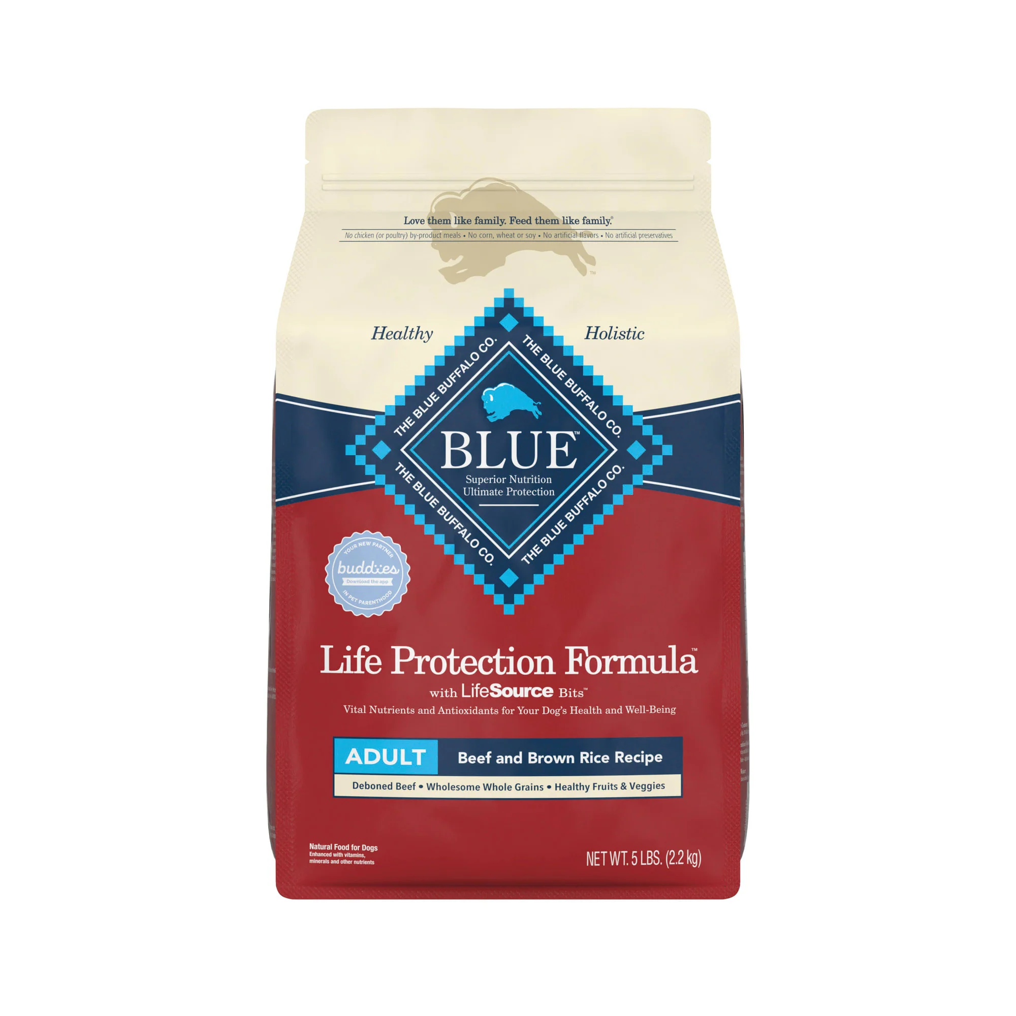 Blue Buffalo Life Protection Formula Beef and Brown Rice Dry Dog Food for Adult Dogs  Whole Grain  5 lb. Bag - Image 1