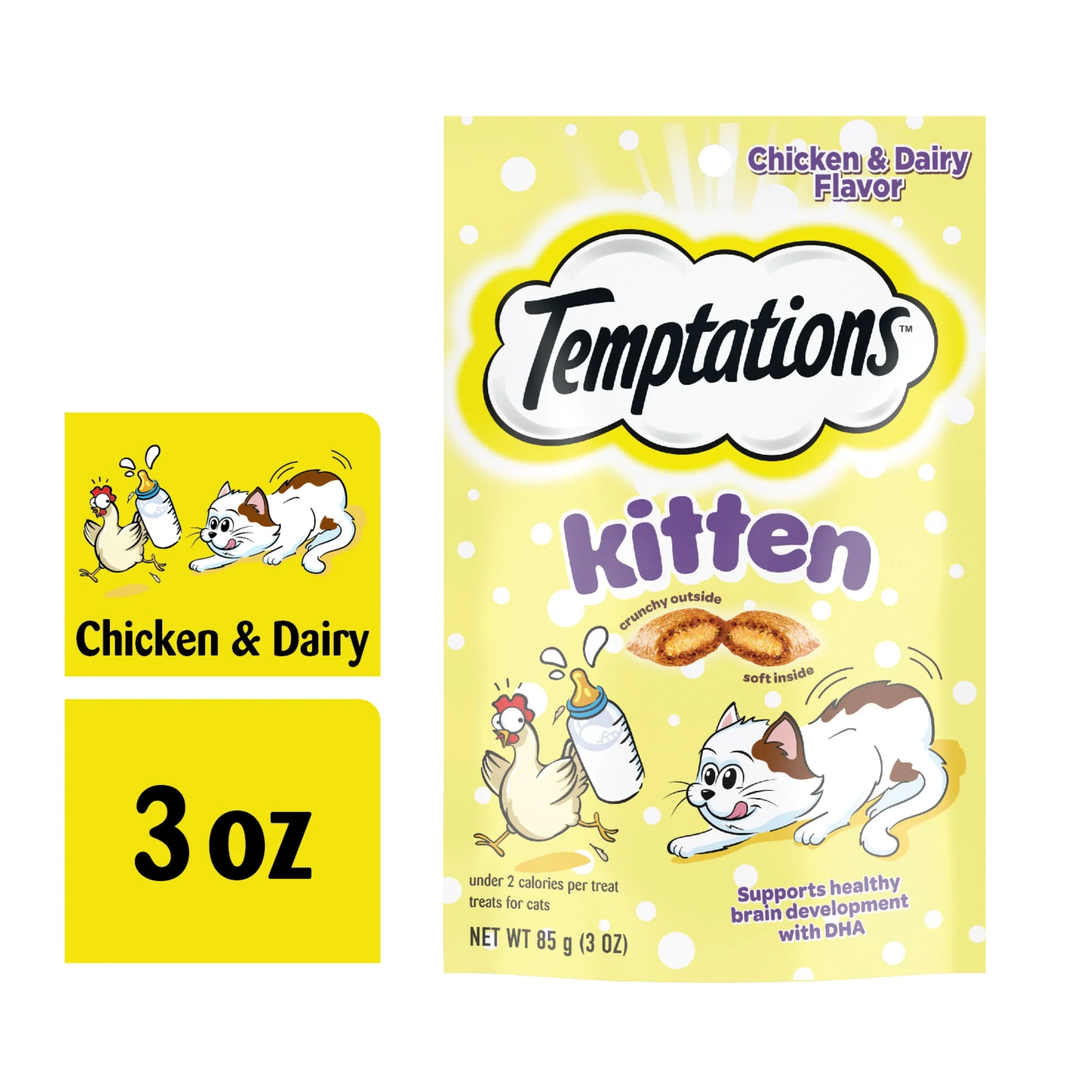 TEMPTATIONS Chicken and Dairy Flavor Crunchy and Soft Kitten Treats  3 oz. - Image 1