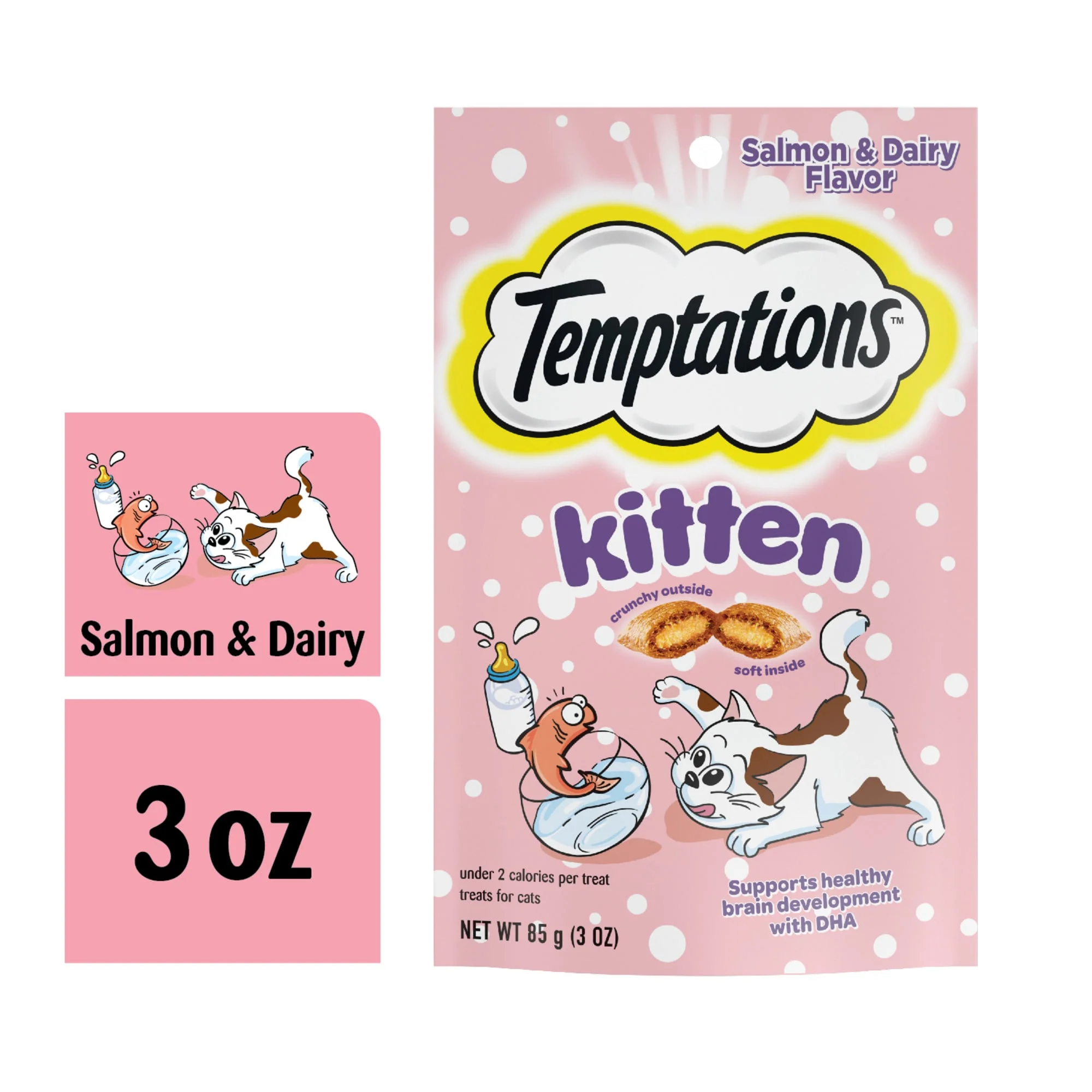 TEMPTATIONS Salmon and Dairy Flavor Crunchy and Soft Kitten Treats  3 oz. - Image 1