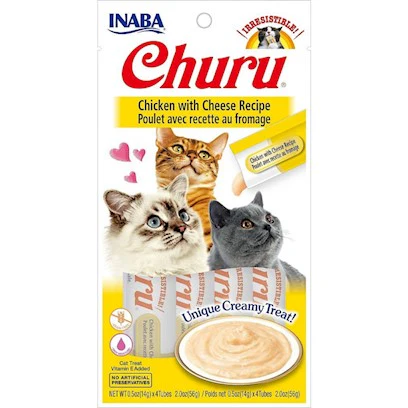 INABA Churu Creamy  Lickable Purée Cat Treat w Taurine  0.5 oz  4 Tubes  Chicken with Cheese Recipe - Image 1