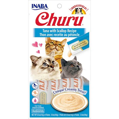 INABA Churu Creamy  Lickable Purée Cat Treat w Taurine  0.5 oz  4 Tubes  Tuna with Scallop Recipe - Image 1