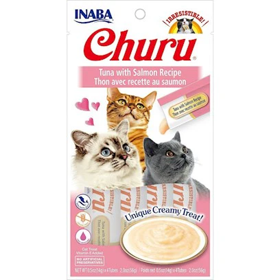 INABA Churu Creamy  Lickable Purée Cat Treat w Taurine  0.5 oz  4 Tubes  Tuna with Salmon Recipe - Image 1