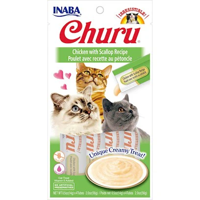 Inaba Churu Grain-Free Cat Treat, Chicken with Scallop Puree, 4 Tubes - Image 1