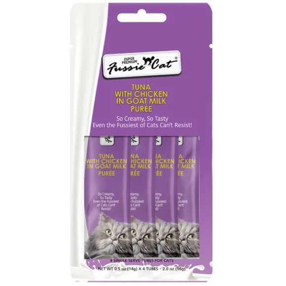 Fussie Cat Tuna with Chicken in Goat Milk Puree Lickable Cat Treats .5oz 4pk - Image 1