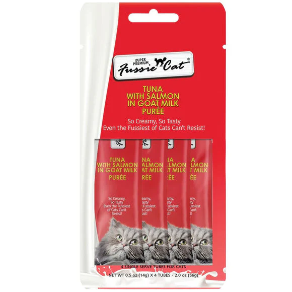 Fussie Cat Tuna with Salmon in Goat Milk Puree Lickable Cat Treats .5oz 4pk - Image 1