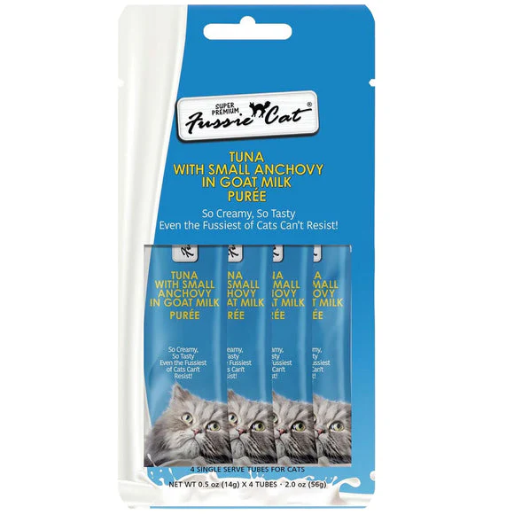 Fussie Cat Tuna with Small Anchovy in Goat Milk Puree Lickable Cat Treats .5oz 4pk - Image 1