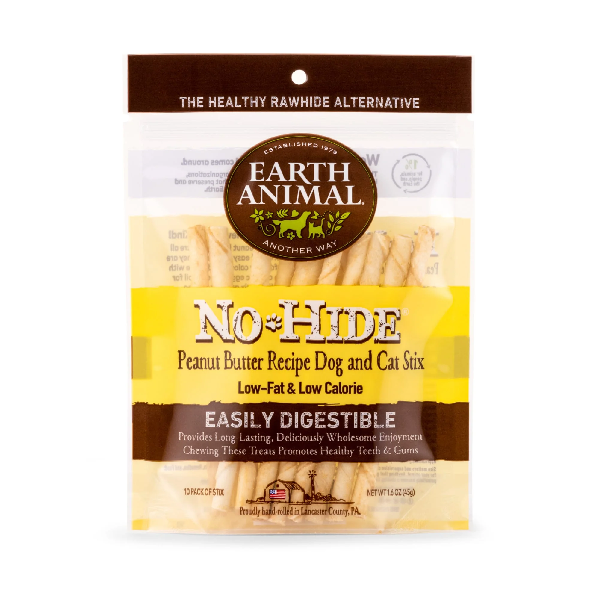 Earth Animal No-Hide Wholesome Chews Peanut Butter Stix Natural Rawhide Alternative for Dog & Cat, 1.6 oz., Count of 10 - Image 1