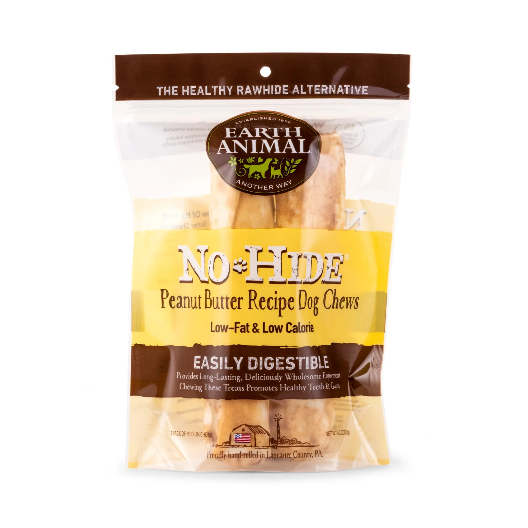 Earth Animal No-Hide Wholesome Chews Peanut Butter Medium Natural Rawhide Alternative for Dog, 4.2 oz., Count of 2 - Image 1