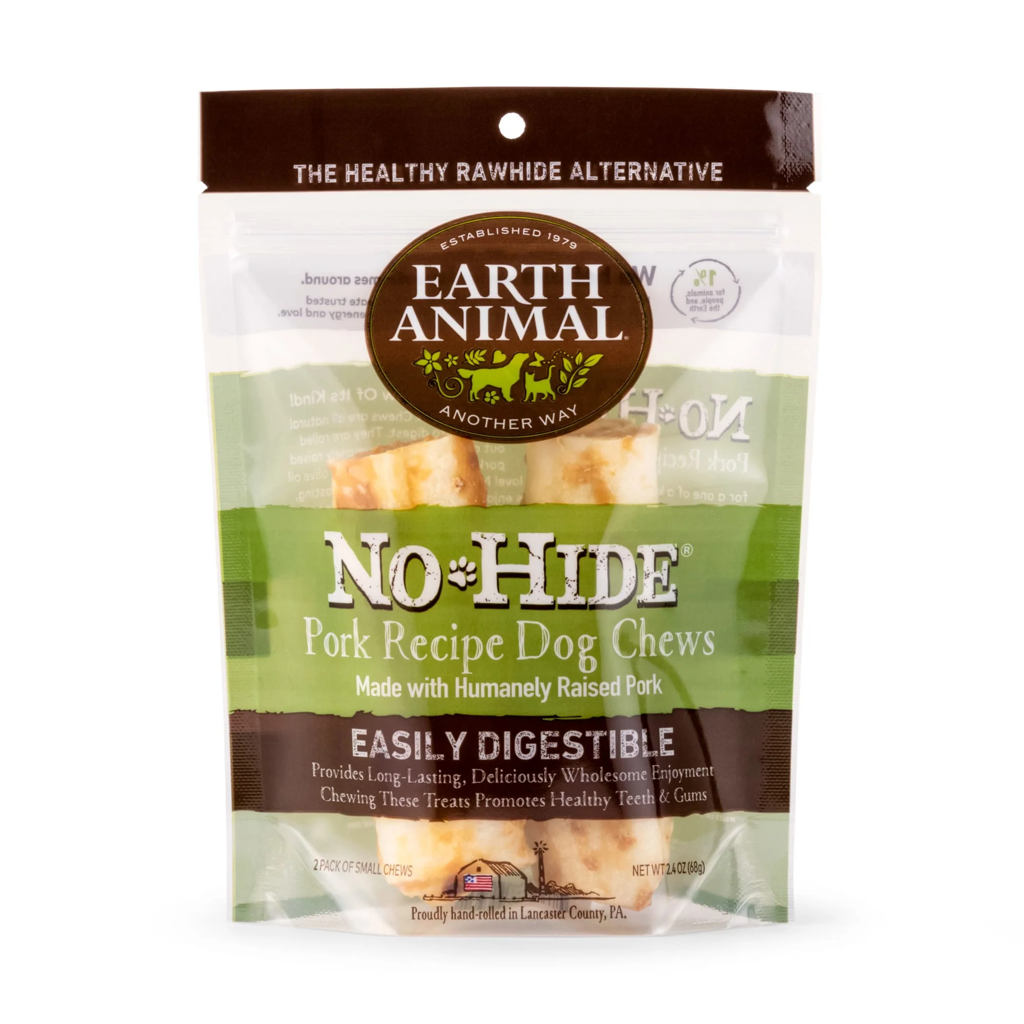 Earth Animal No-Hide Wholesome Chews Humanely-Raised Pork Small Natural Rawhide Alternative for Dog, 2.4oz., Count of 2, 2.4 OZ - Image 1