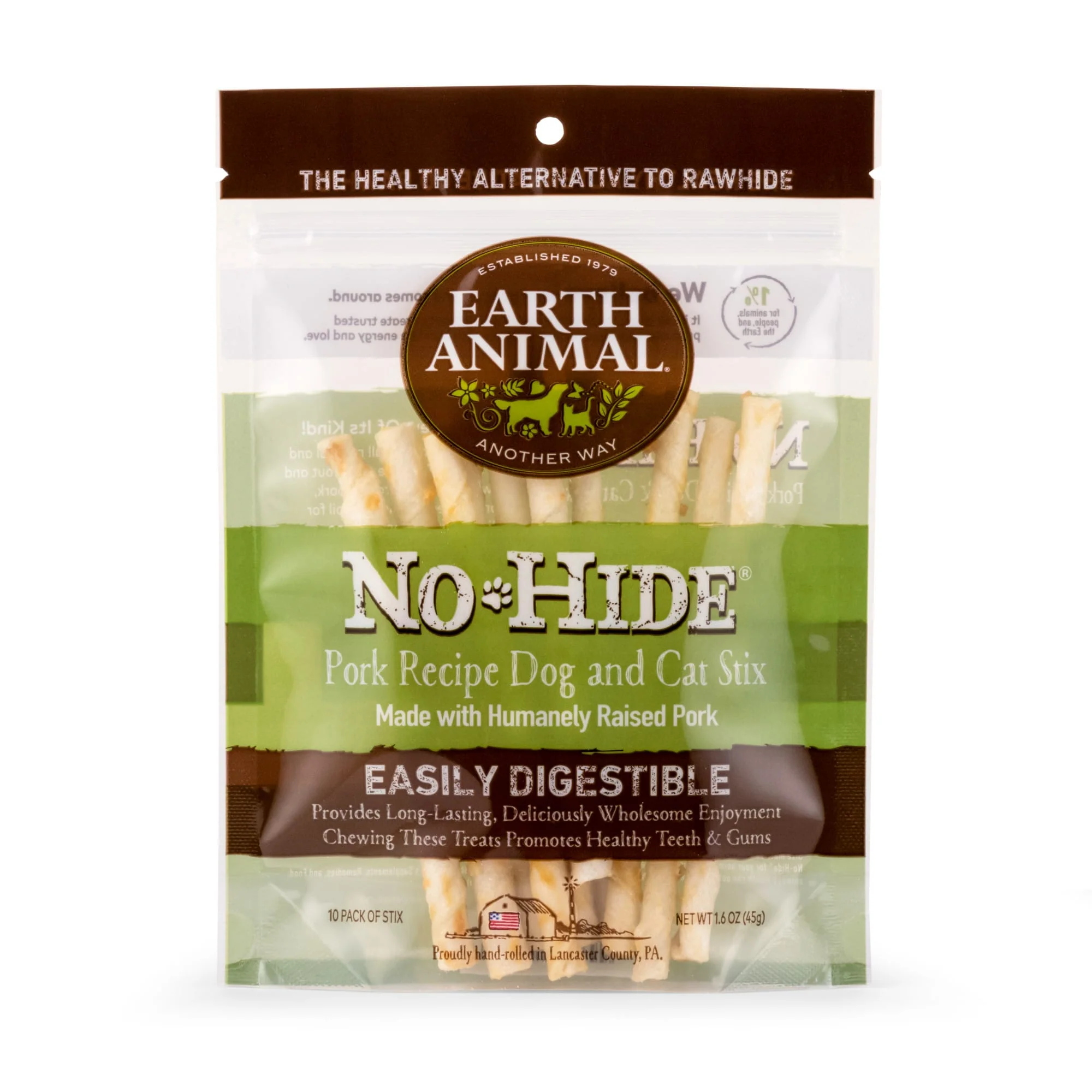 Earth Animal No-Hide Wholesome Chews Humanely-Raised Pork Stix Natural Rawhide Alternative for Dog & Cat, 1.6 oz., Count of 10 - Image 1