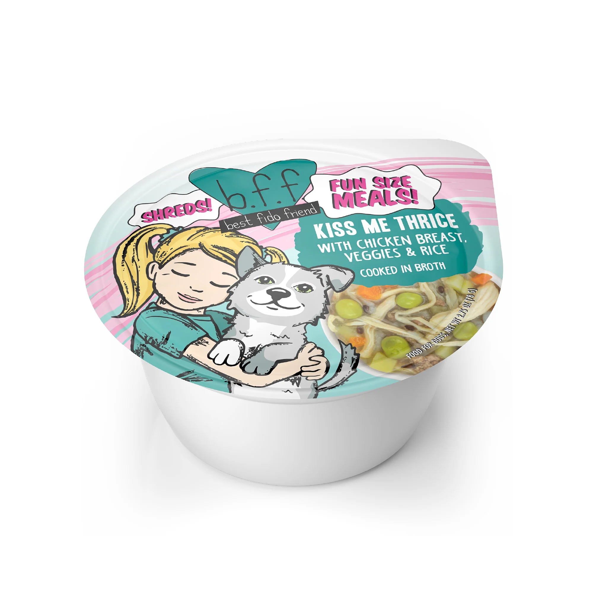 B.F.F. Fun Size Meals! Kiss Me Thrice with Chicken Breast, Veggies & Rice Cooked in Broth Wet Dog Food, 2.75 oz. - Image 1