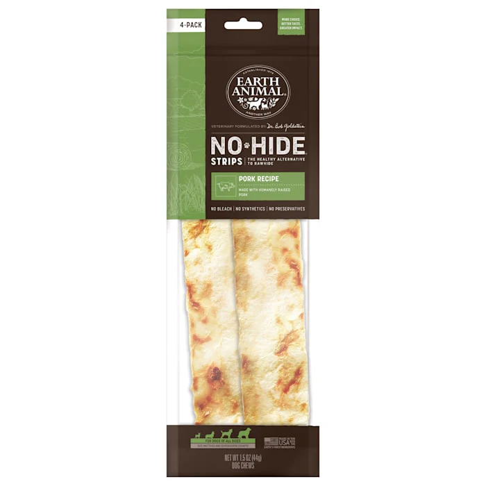 Earth Animal No-Hide Strips Pork Recipe Natural Rawhide Alternative Dog Chew Treats, 1.5 oz., Count of 4 - Image 1