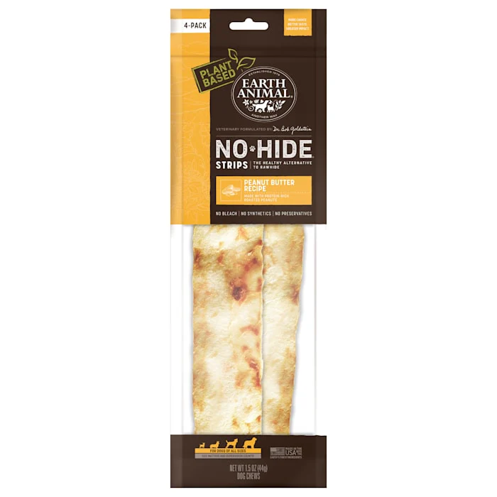 Earth Animal No-Hide Strips Peanut Butter Recipe Natural Rawhide Alternative Dog Chew Treats, 1.5 oz., Count of 4, 15 OZ - Image 1