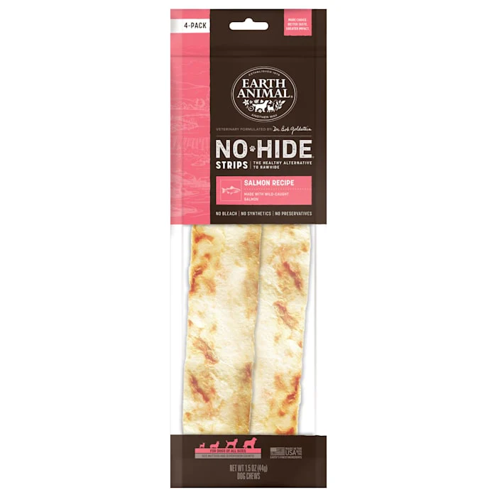 Earth Animal No-Hide Strips Salmon Recipe Natural Rawhide Alternative Dog Chew Treats, 1.5 oz., Count of 4 - Image 1