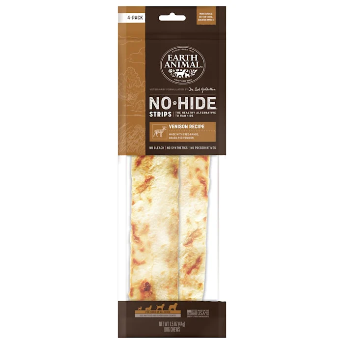 Earth Animal No-Hide Strips Venison Recipe Natural Rawhide Alternative Dog Chew Treats, 1.5 oz., Count of 4 - Image 1