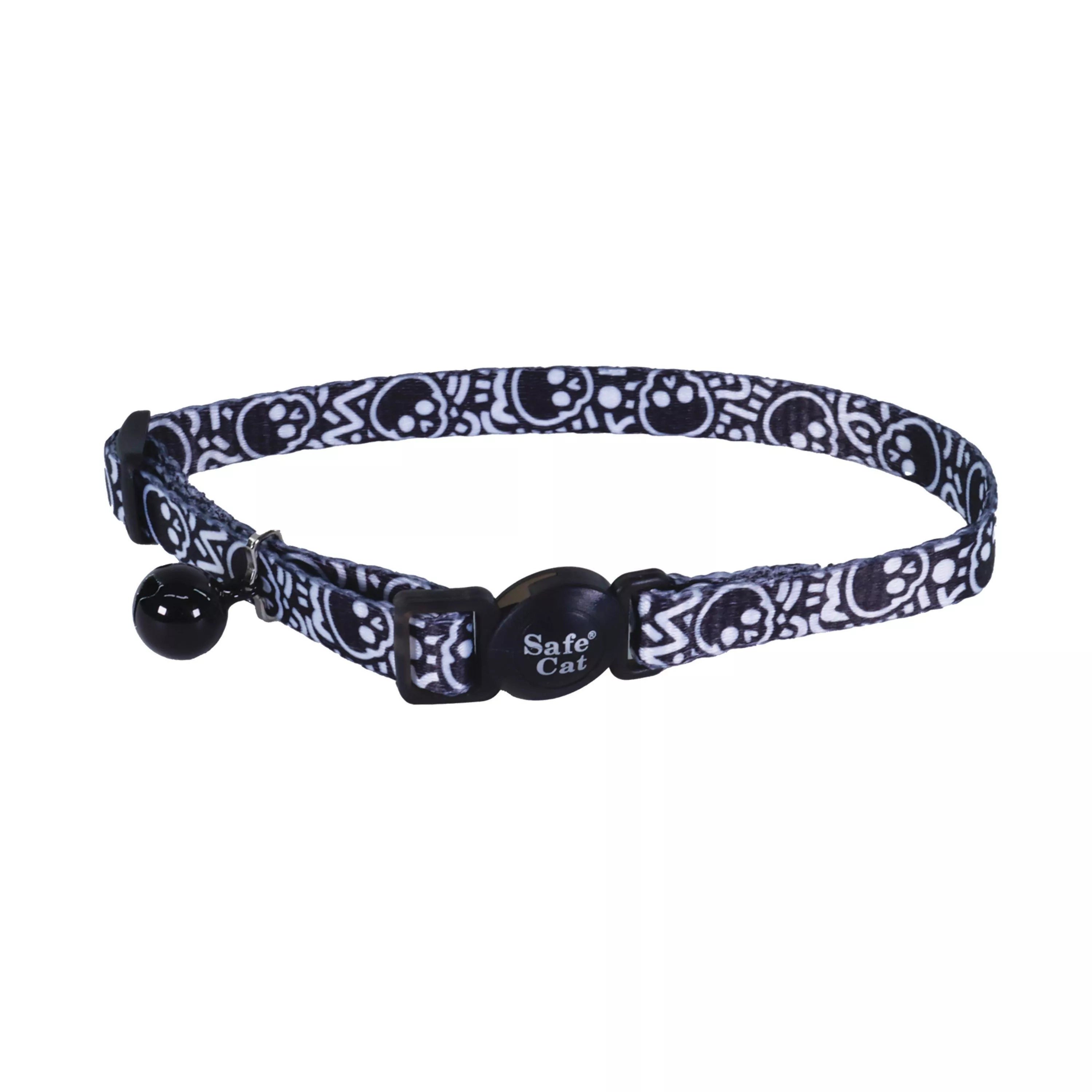 Coastal Safe Cat 3/8in Wide 8-12in Fashion Breakaway Collar Black Skulls - Image 1