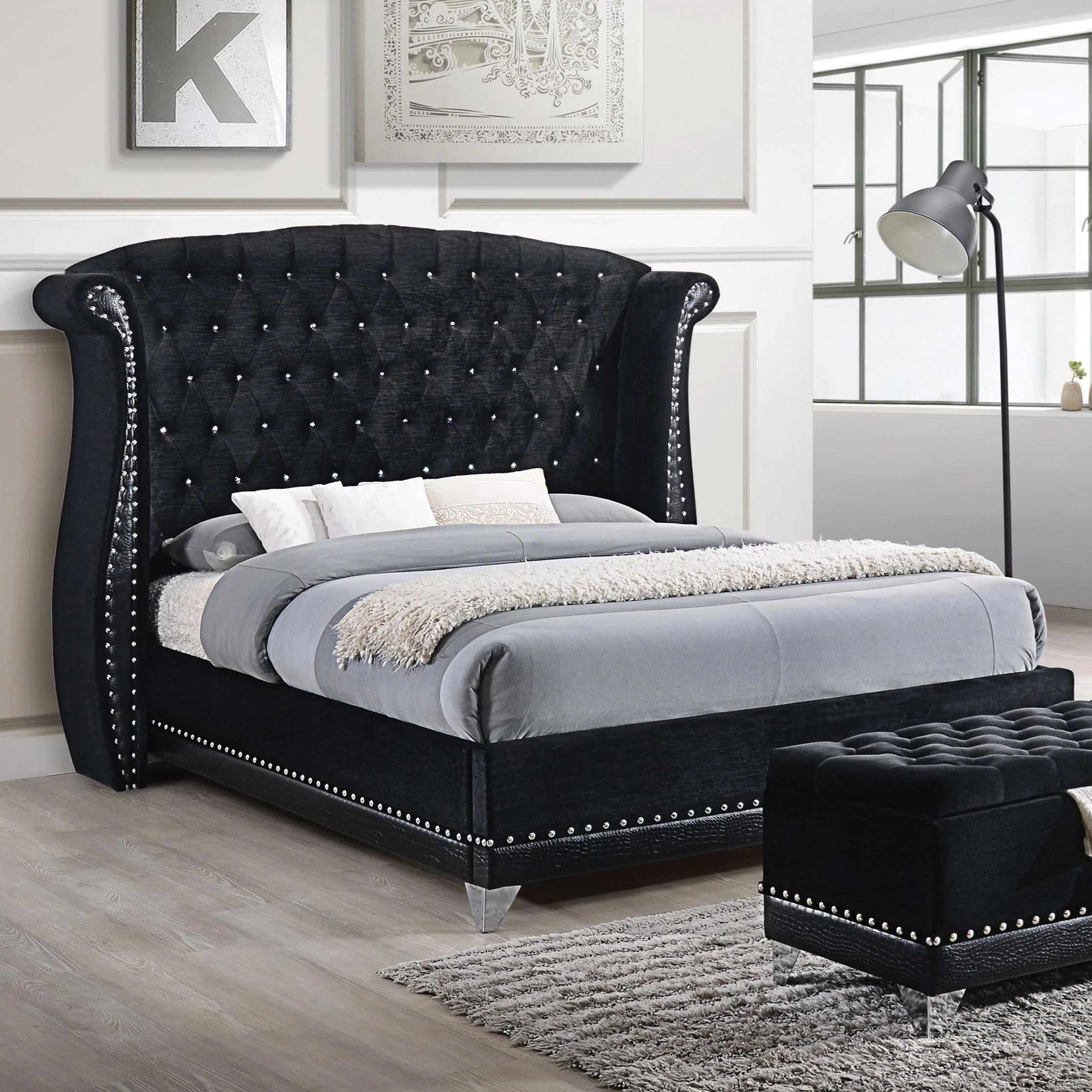 Coaster Furniture Barzini 300643Q Upholstered Queen Wingback Bed - Black - Image 1