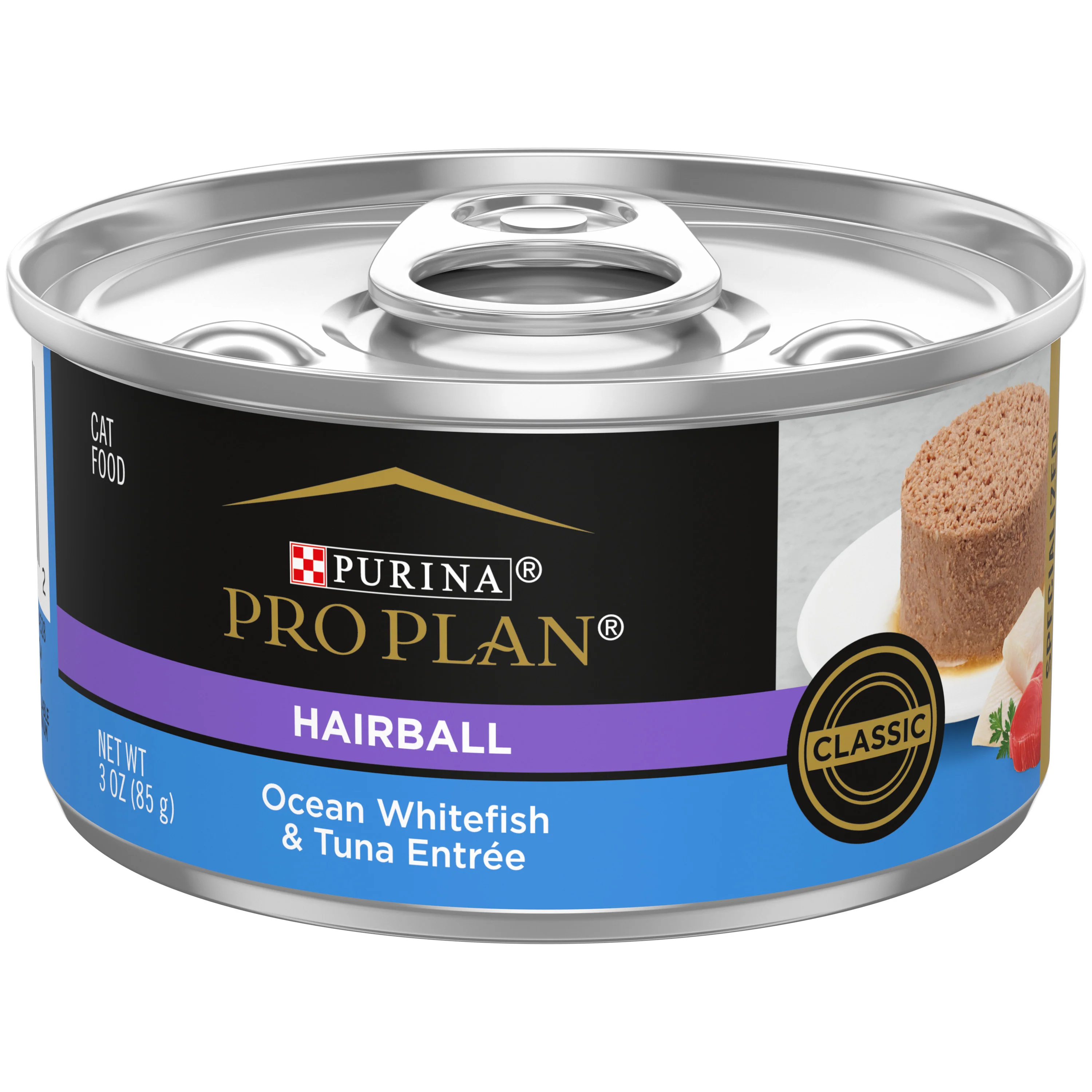 Purina Pro Plan Hairball Control Cat Food Wet Pate, Hairball Ocean Whitefish and Tuna Entrée 3 oz can - Image 1