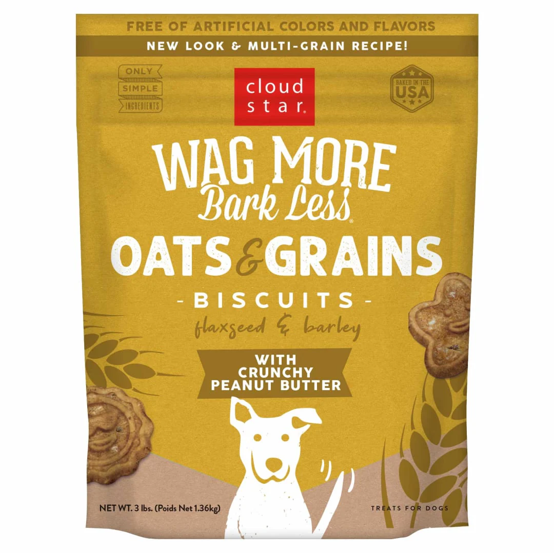 Cloud Star Wag More Bark Less Oats & Grains Crunchy Dog Treats, Peanut Butter, 3 lb - Image 1