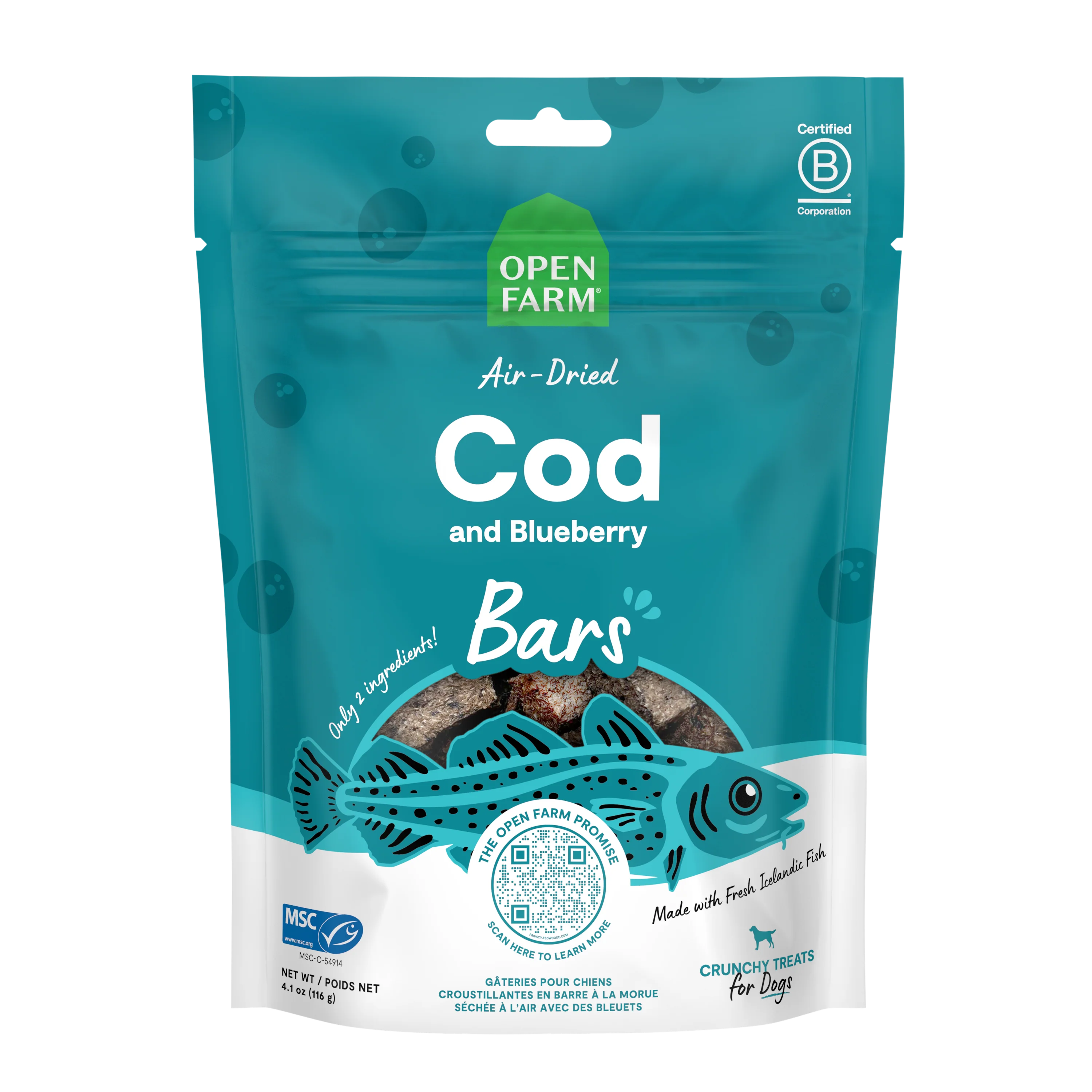 Open Farm Air Dried Cod And Blueberry Crunchy Dog Treat Bars 4.1oz Bag