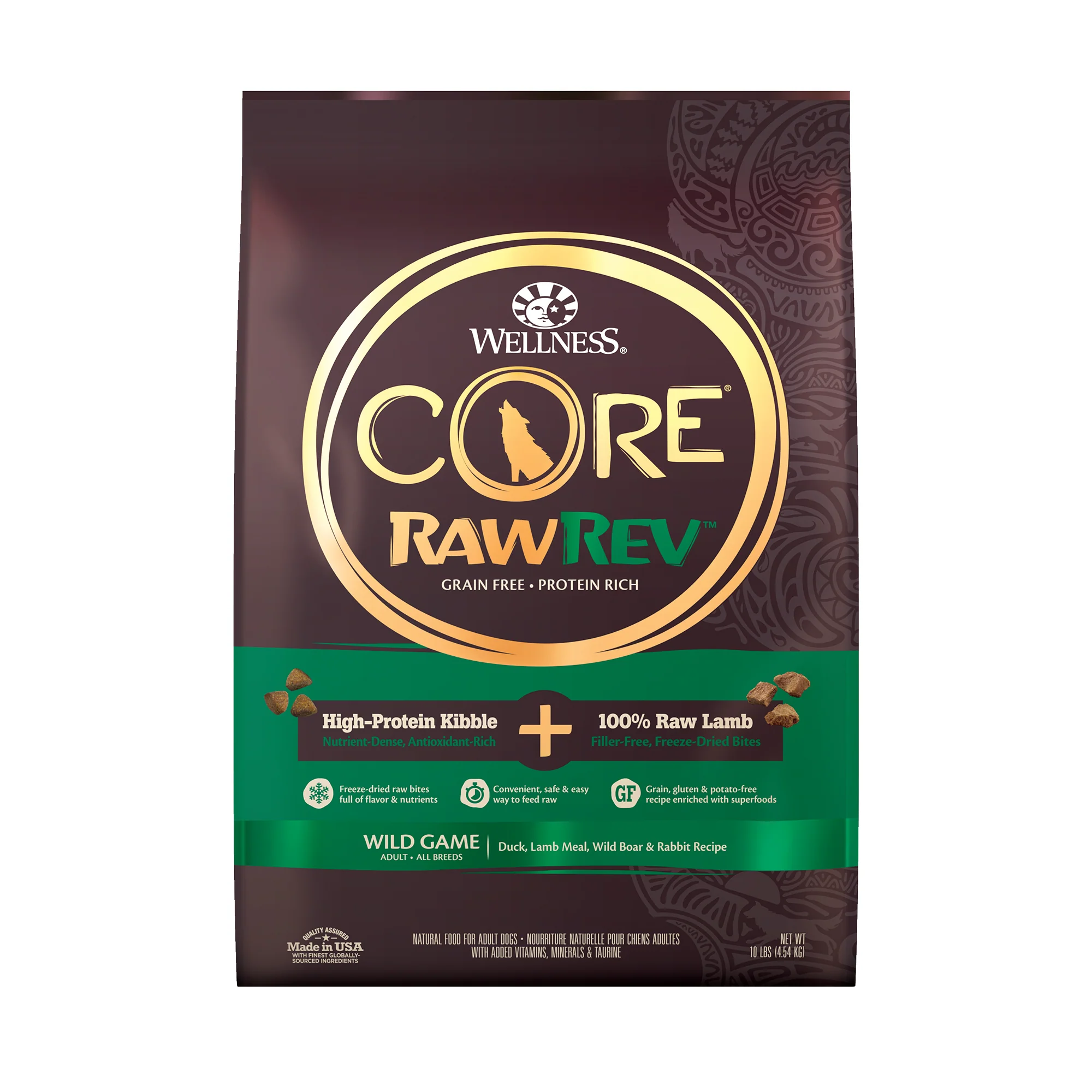 Wellness CORE RawRev Natural Grain Free Dry Dog Food Wild Game Duck Wild Boar & Rabbit with Freeze Dried Lamb 10lb Bag - Image 1