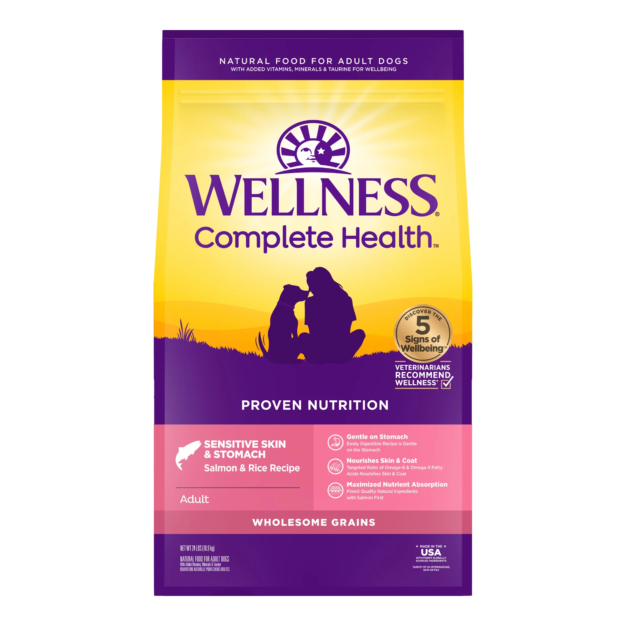 Wellness Complete Health Sensitive Skin & Stomach Dry Dog Food, Wholesome Grains, Natural, Salmon & Rice Recipe 24lb bag - Image 1