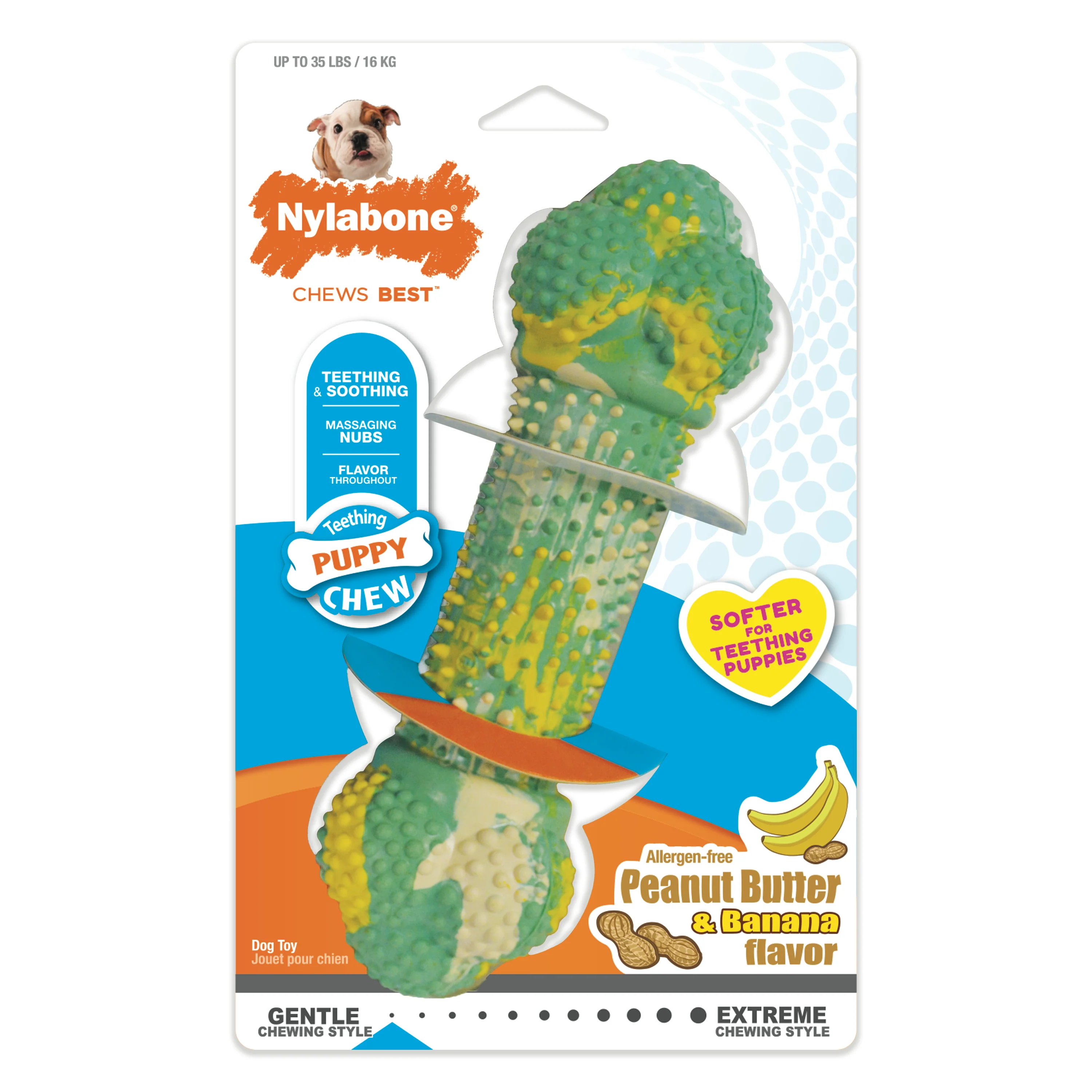 Nylabone Just for Puppies Double Action Bone Puppy Dog Teething Chew Toy Banana & Peanut Butter Barbell Medium/Wolf - Image 1