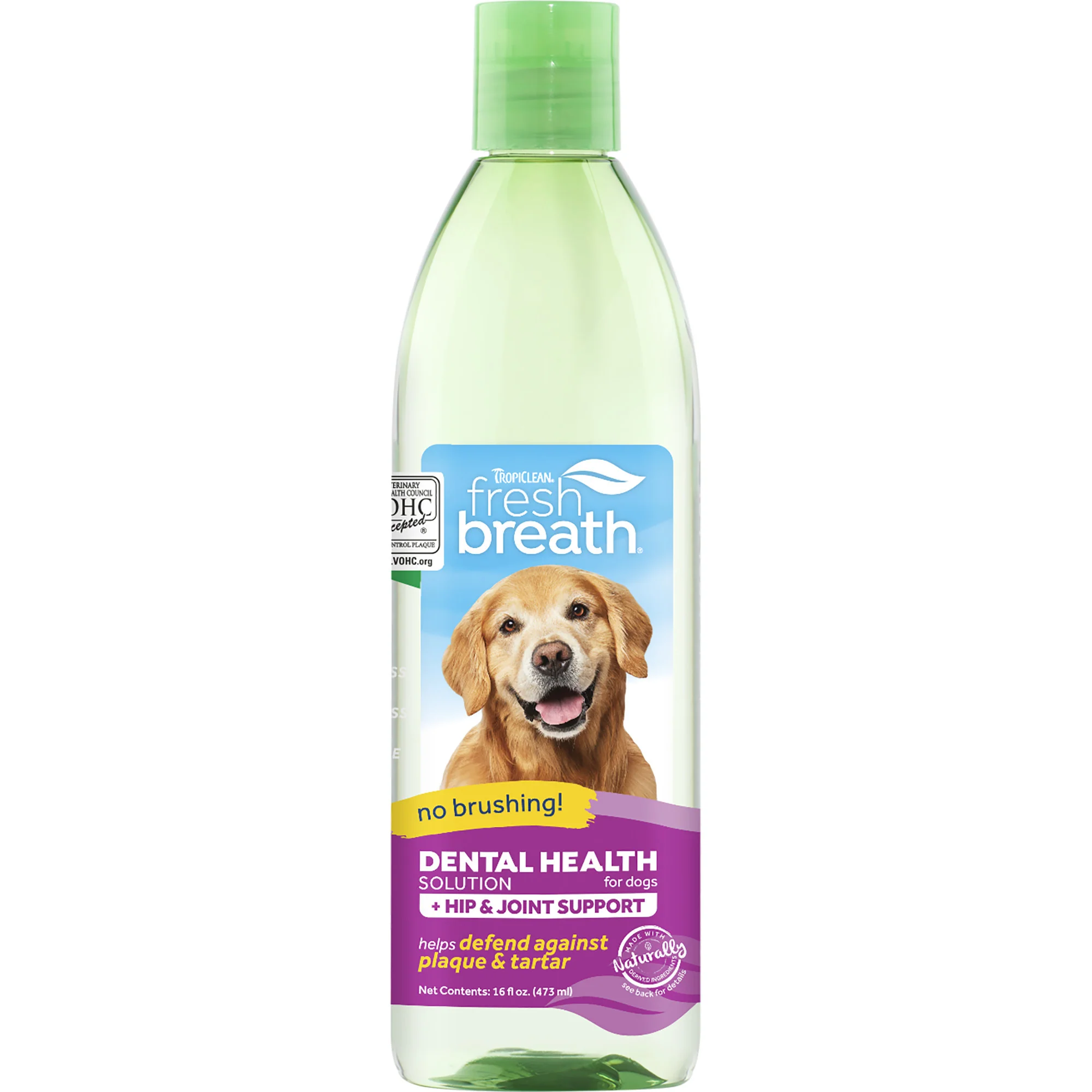 TropiClean Fresh Breath Dental Health Solution Plus Hip & Joint for Dogs, 16oz - Image 1