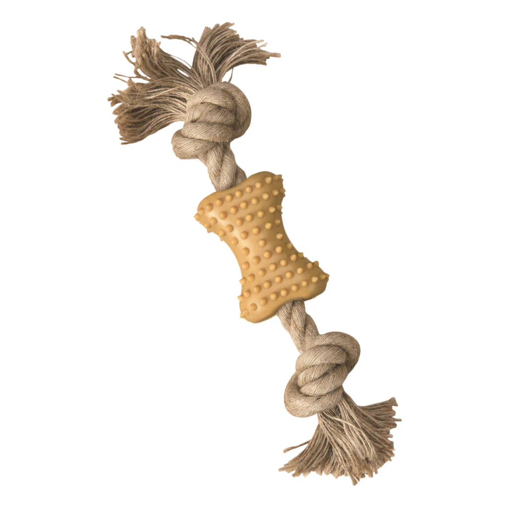 Spot Ethical Pet Dog Toy Love The Earth Natural Rubber Bone With Rope 7In - Image 1