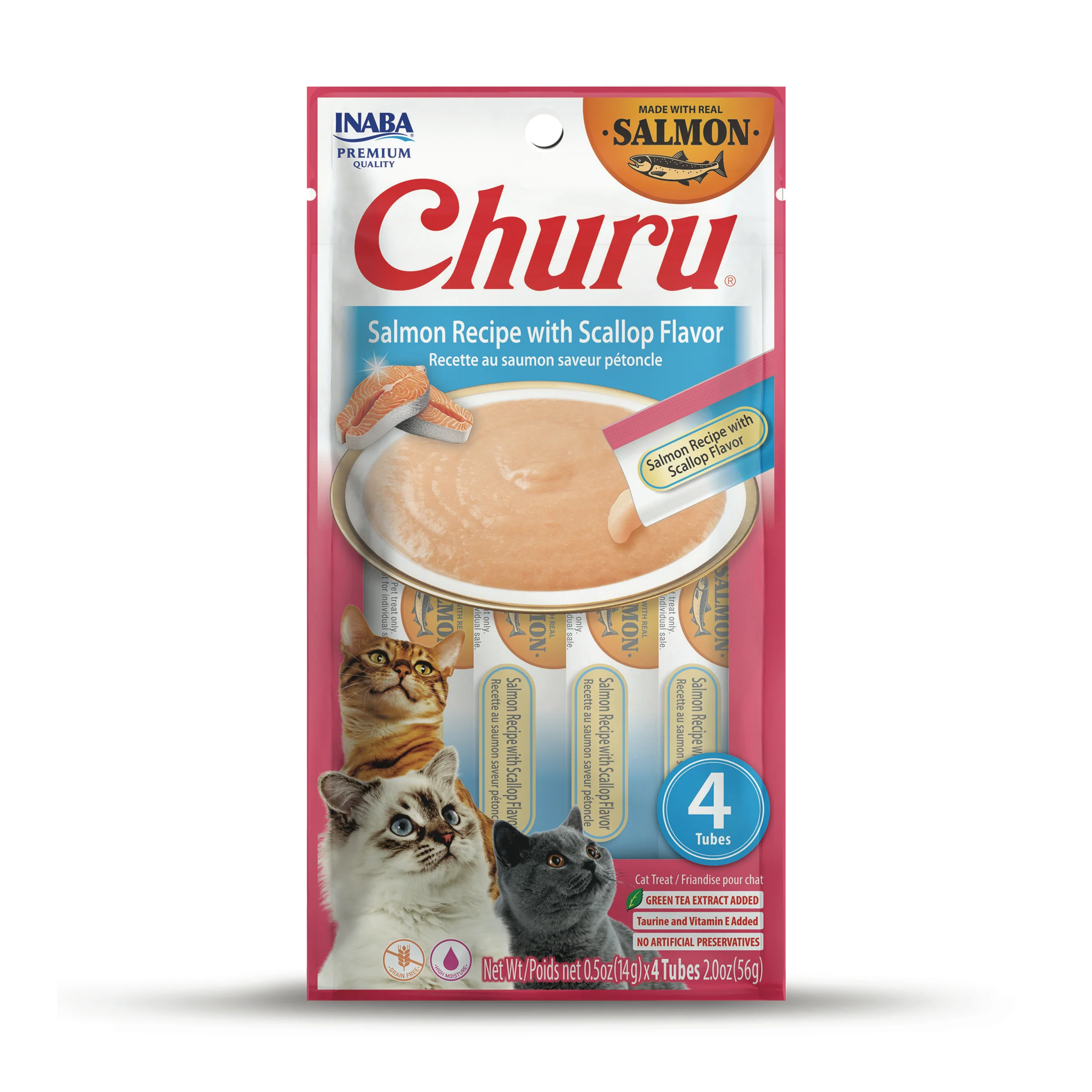 INABA Churu Cat Treats, Grain-Free, Lickable, Squeezable Creamy Purée Cat Treat with Vitamin E & Taurine, 0.5 Ounces Each Tube, 4 Tubes, Salmon Recipe with Scallop Flavor - Image 1